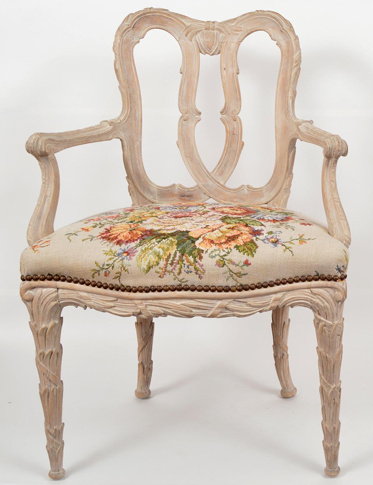 Set of Four French 20th Century Carved White Washed Louis XV Style Armchairs In Good Condition In Ft. Lauderdale, FL