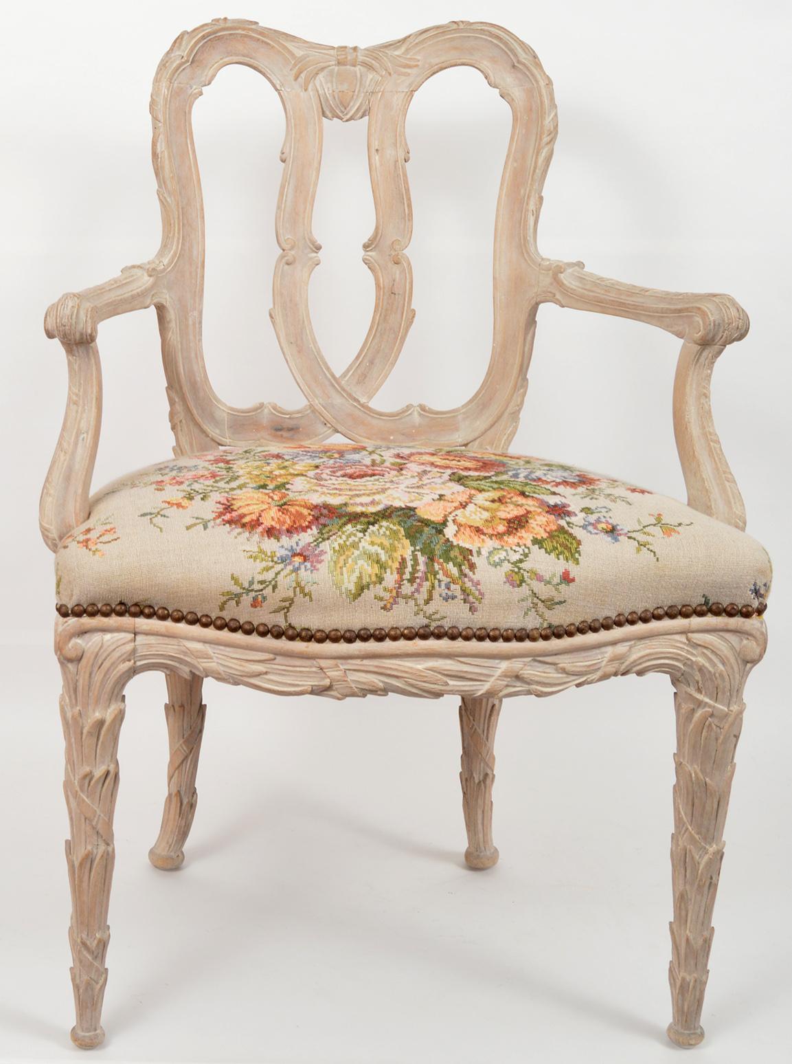 Fabric Set of Four French 20th Century Carved White Washed Louis XV Style Armchairs