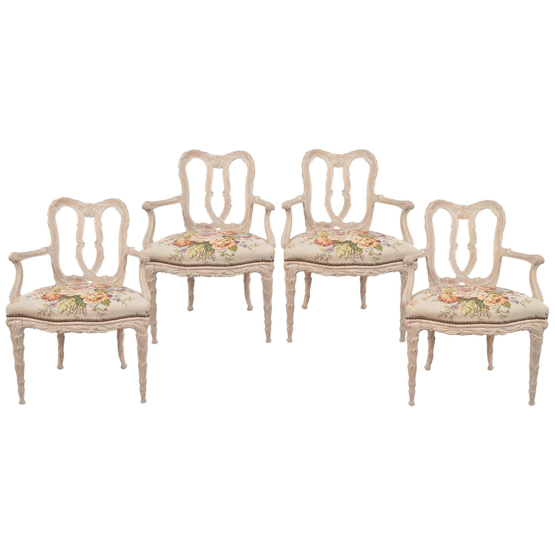 Set of Four French 20th Century Carved White Washed Louis XV Style Armchairs