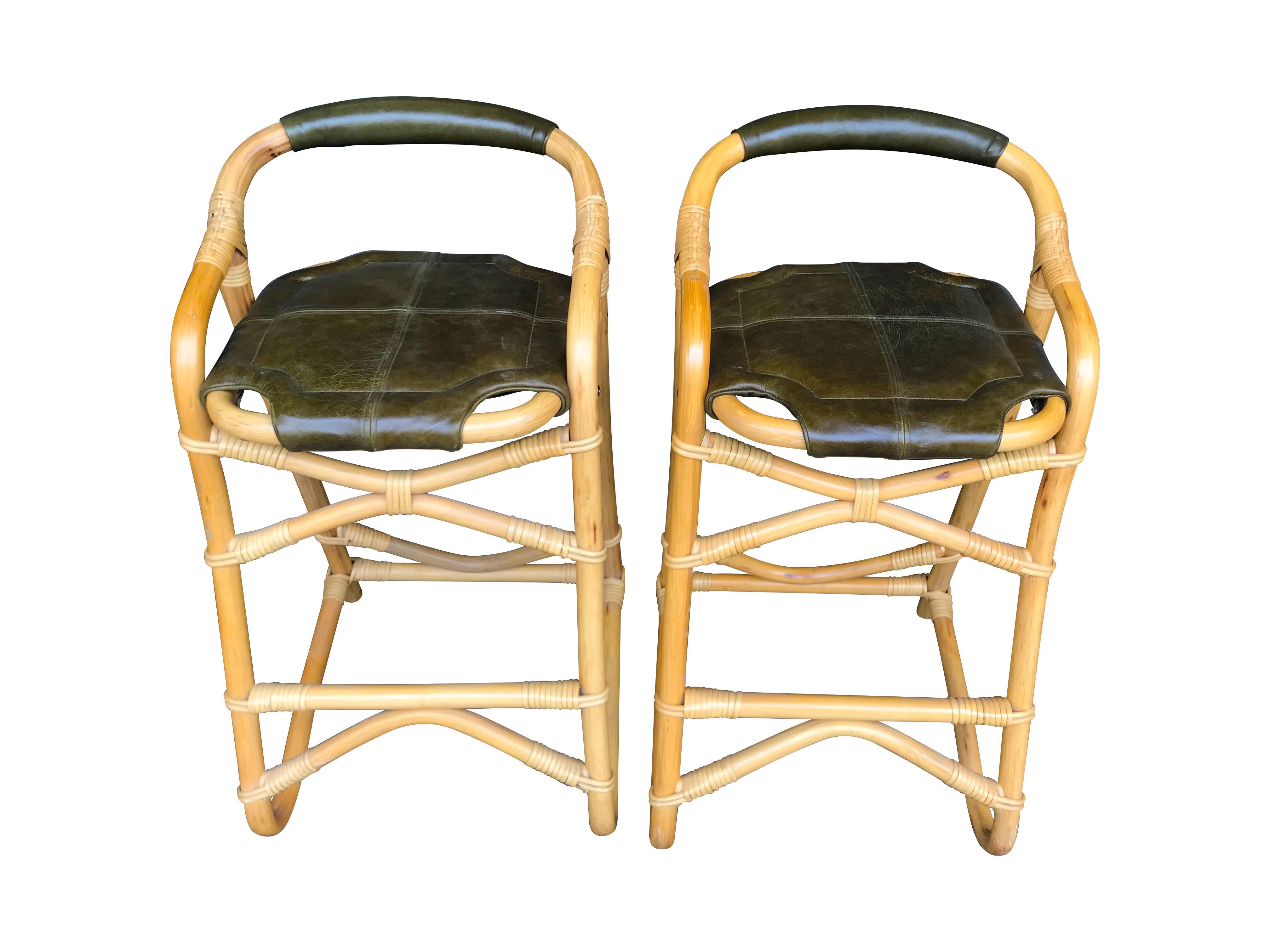 Set of Four French Riviera Bamboo Bar Stools with Olive Green Leather Seats 2