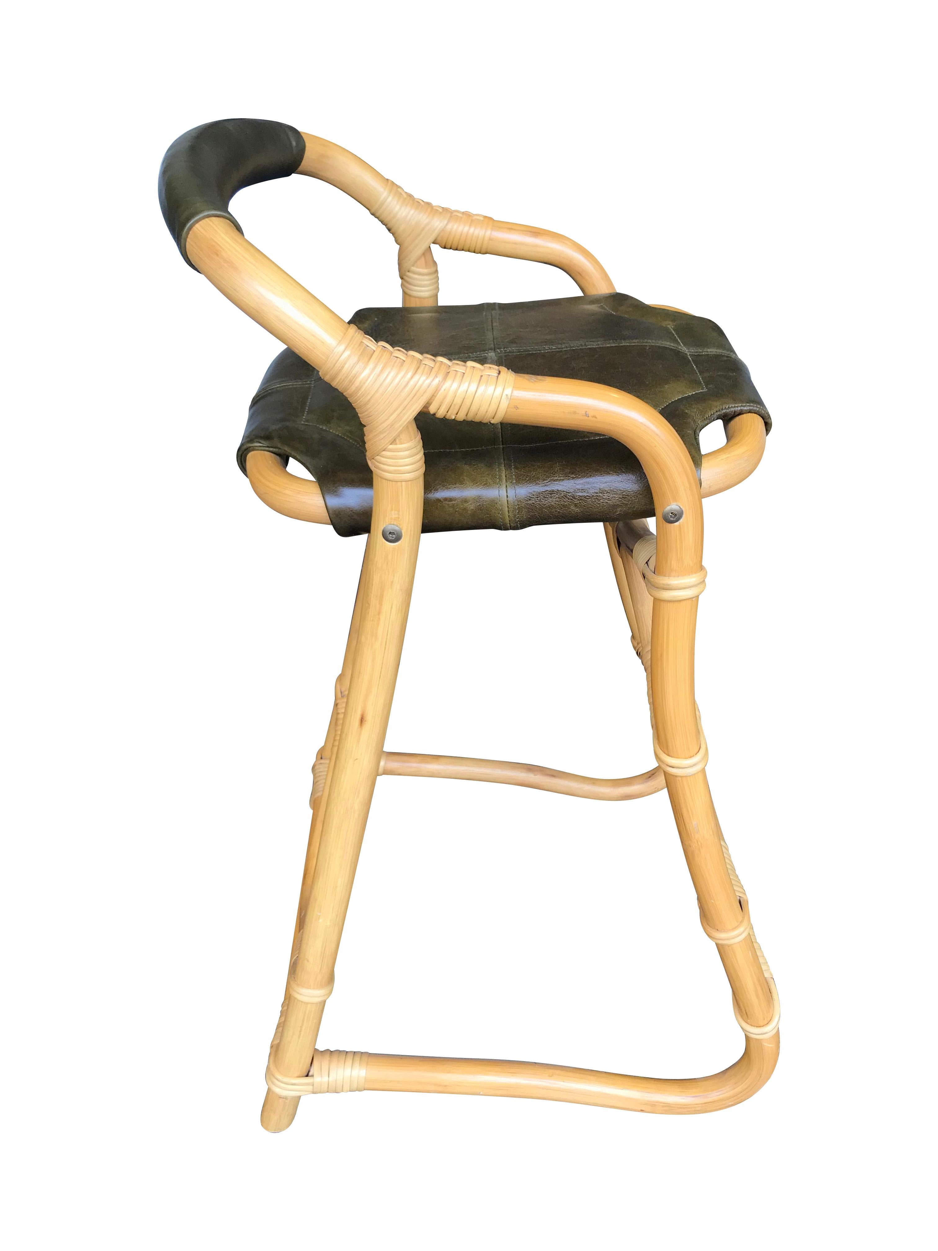 Set of Four French Riviera Bamboo Bar Stools with Olive Green Leather Seats 3