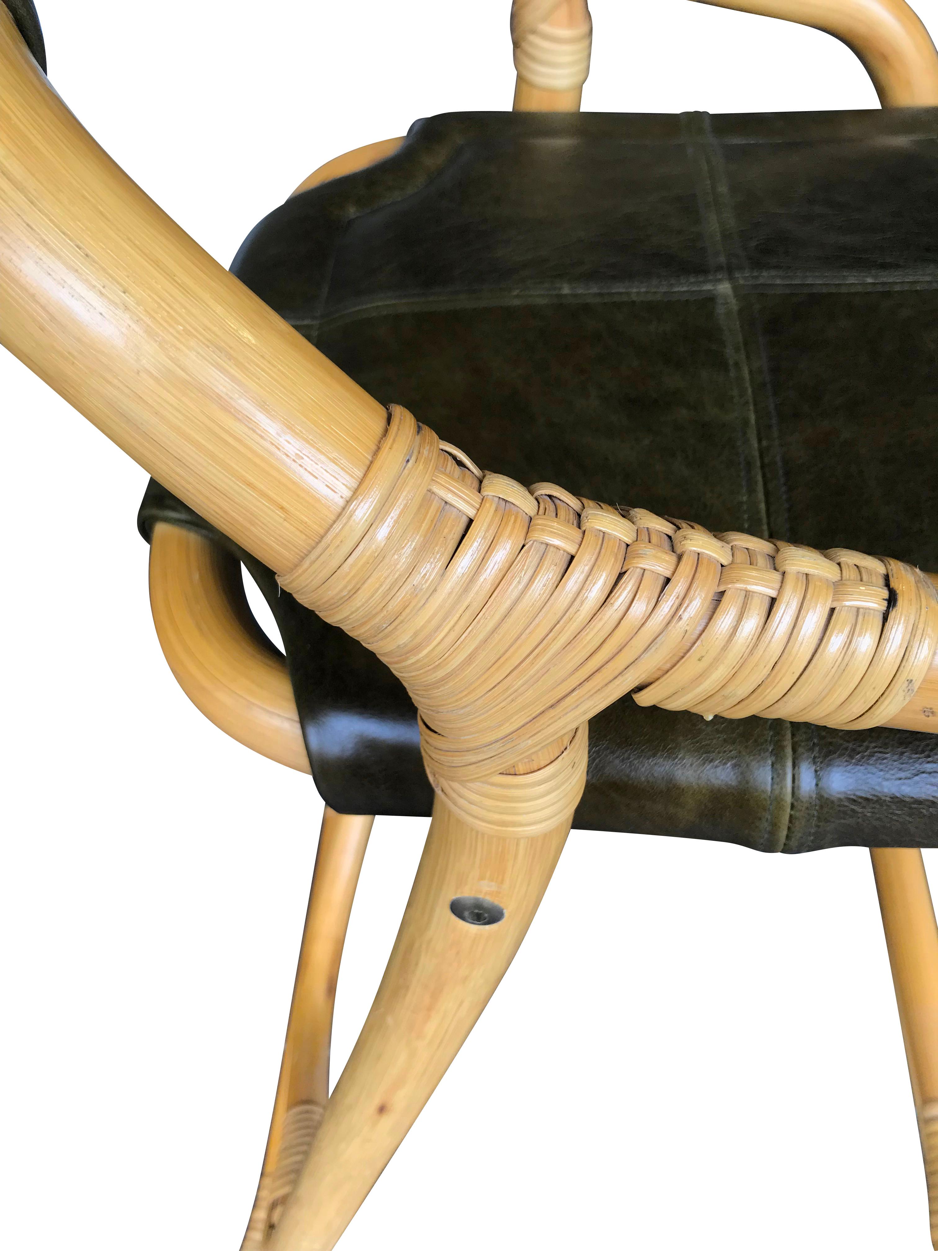 Set of Four French Riviera Bamboo Bar Stools with Olive Green Leather Seats 4