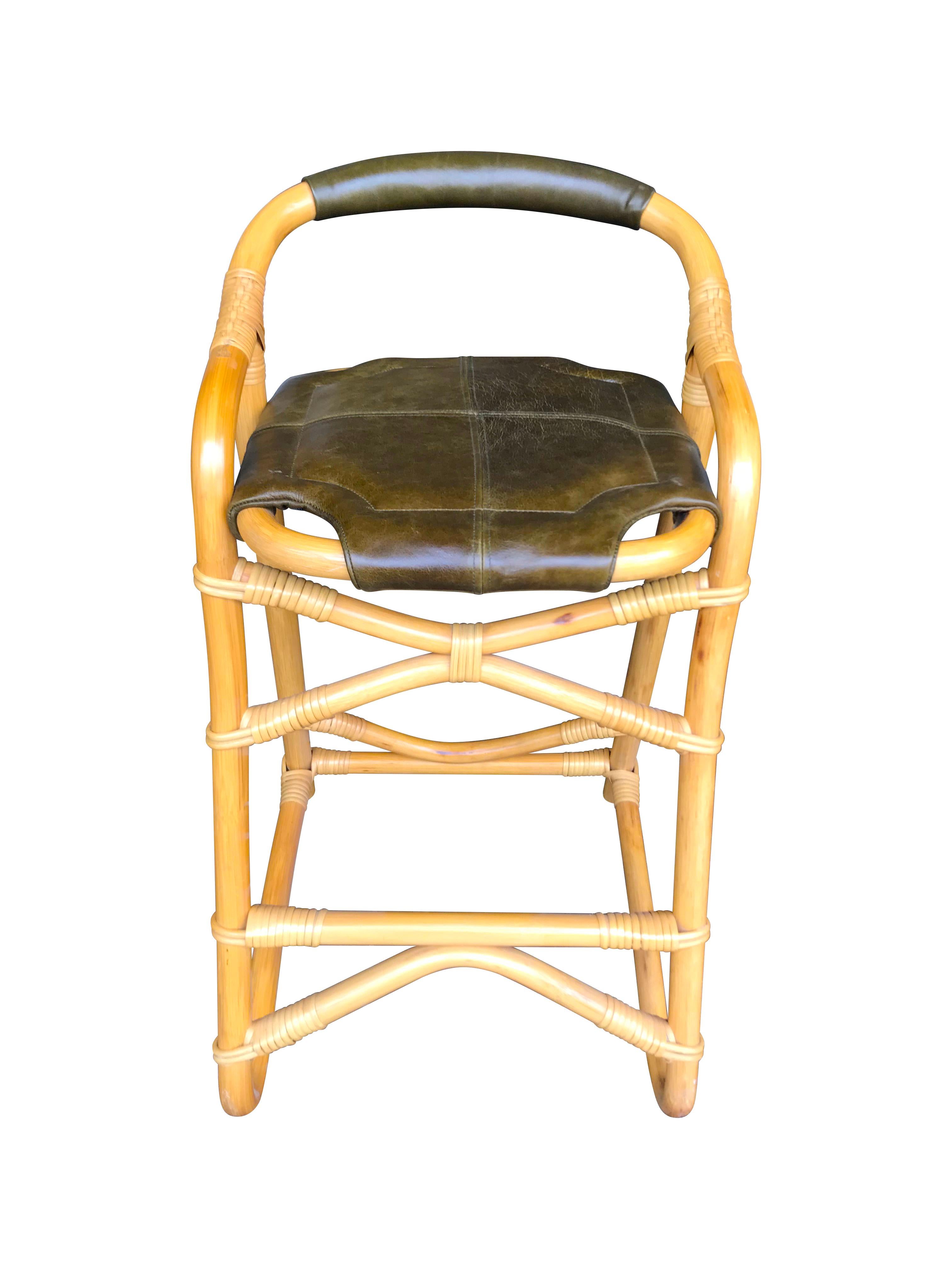 Mid-Century Modern Set of Four French Riviera Bamboo Bar Stools with Olive Green Leather Seats