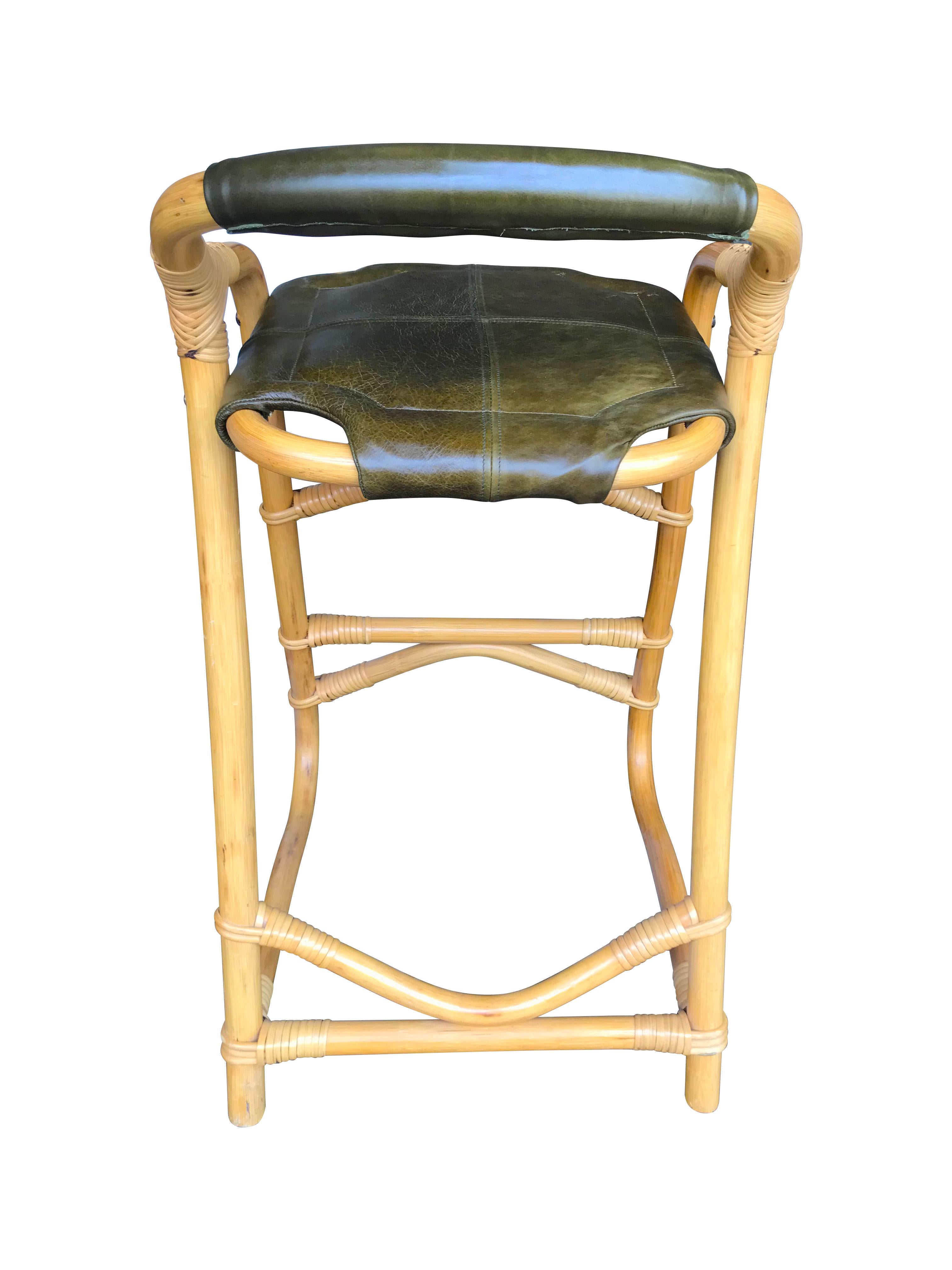 Set of Four French Riviera Bamboo Bar Stools with Olive Green Leather Seats 1
