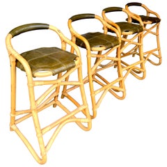 Set of Four French Riviera Bamboo Bar Stools with Olive Green Leather Seats