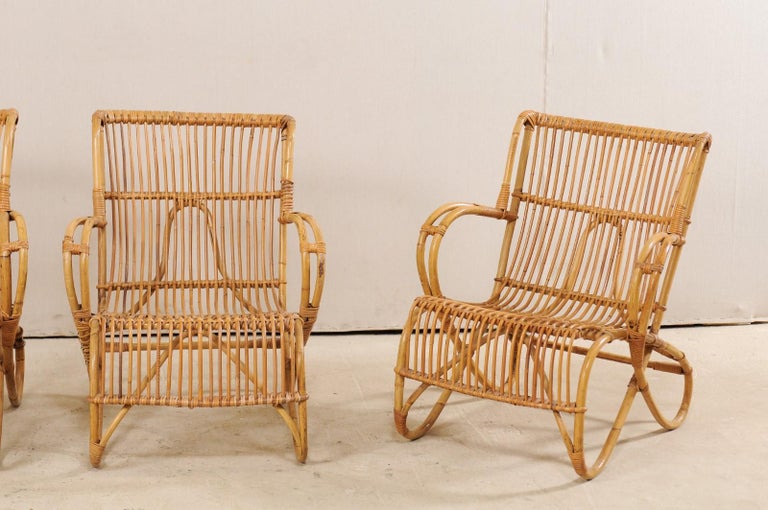 Set of Four French Vintage Bent Cane Patio Chairs with Fluid Shapes For