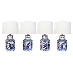 Retro A Set of Four Hexagonal Blue & White Chinese Ginger Jar Form Lamps
