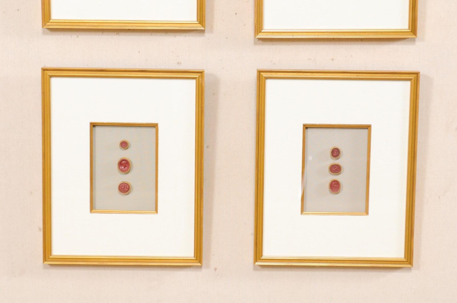 20th Century Set of Four Italian Neoclassical Red Intaglios Mounted in Custom Gold Frames