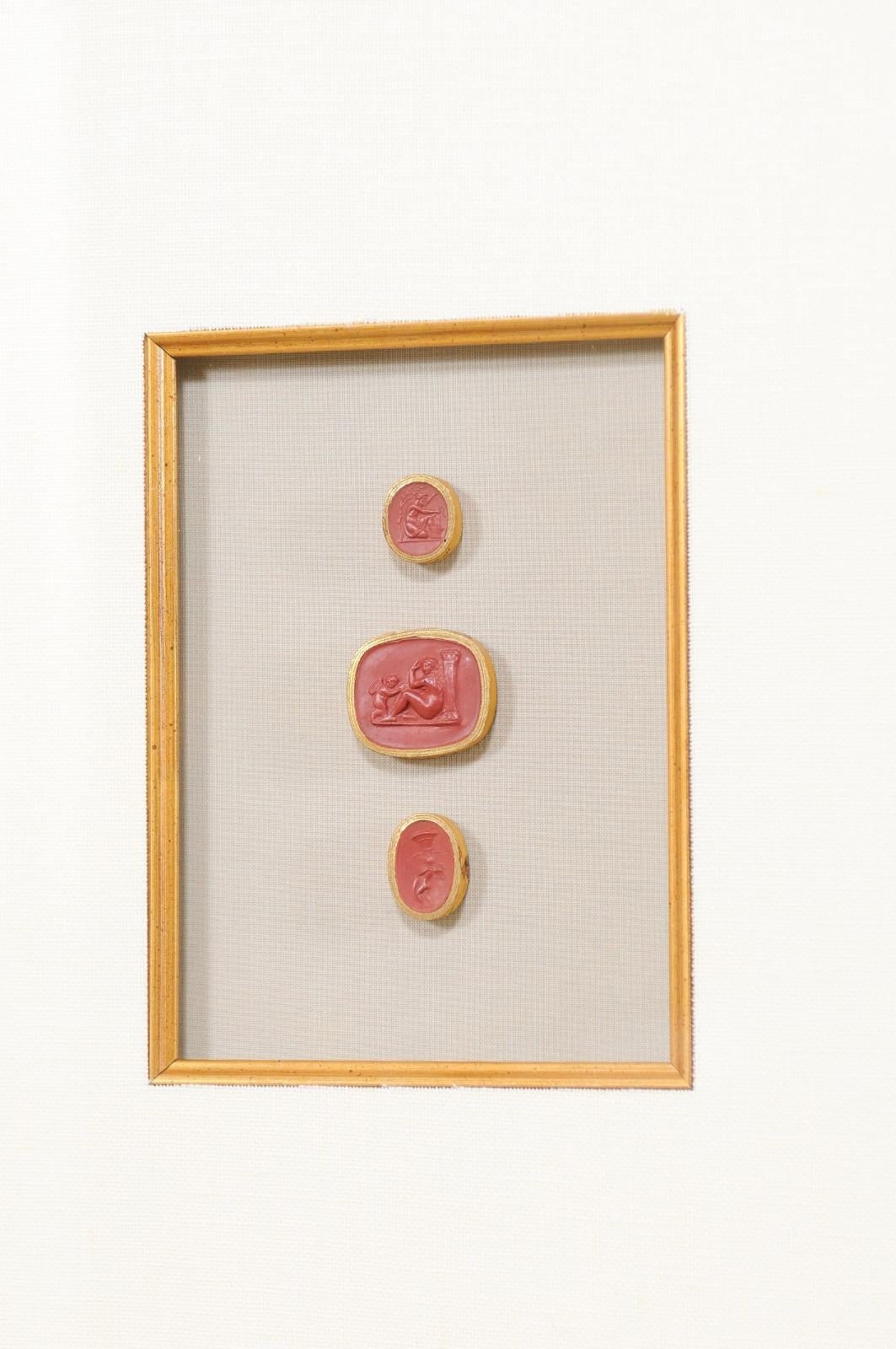 Glass Set of Four Italian Neoclassical Red Intaglios Mounted in Custom Gold Frames