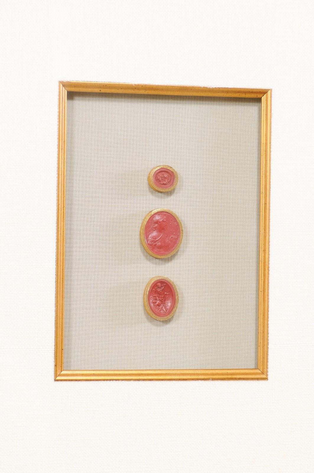 Set of Four Italian Neoclassical Red Intaglios Mounted in Custom Gold Frames 1