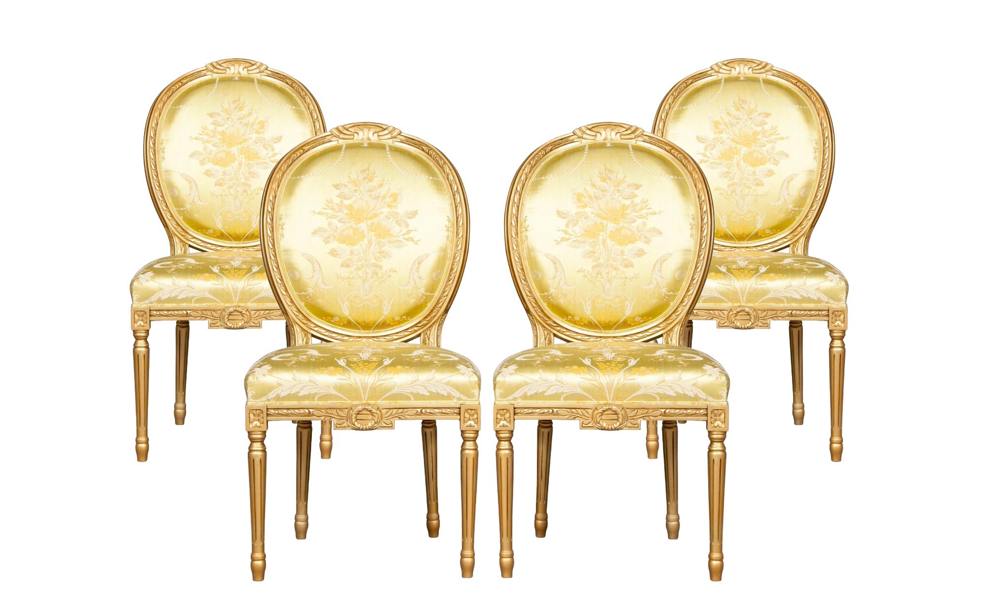 A Set of Four Italian Painted Gilt Wood Frame Louis XVI Style Dining Chairs For Sale 4