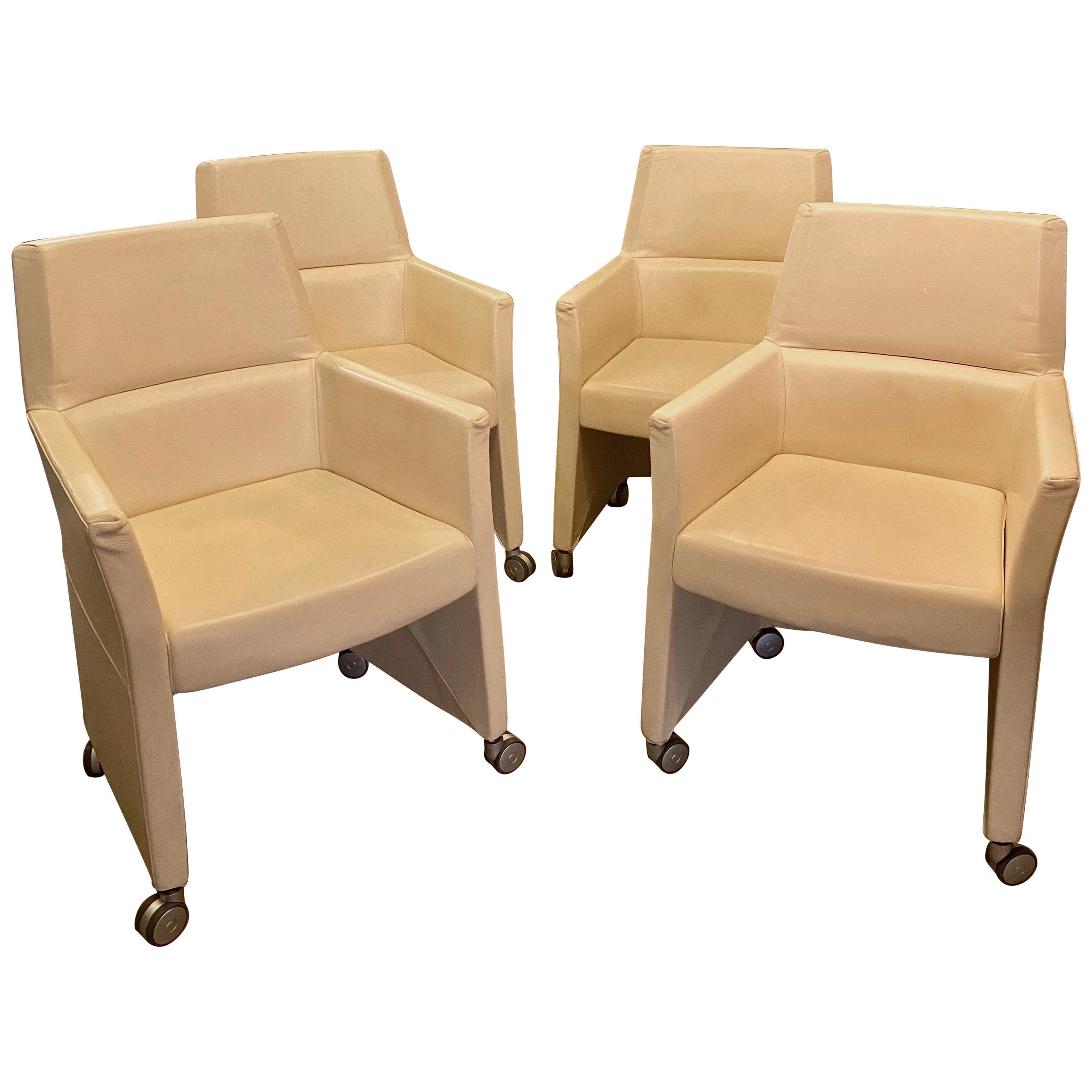 Set of Four Italian White Leather Chairs by Enrico Pellizzoni