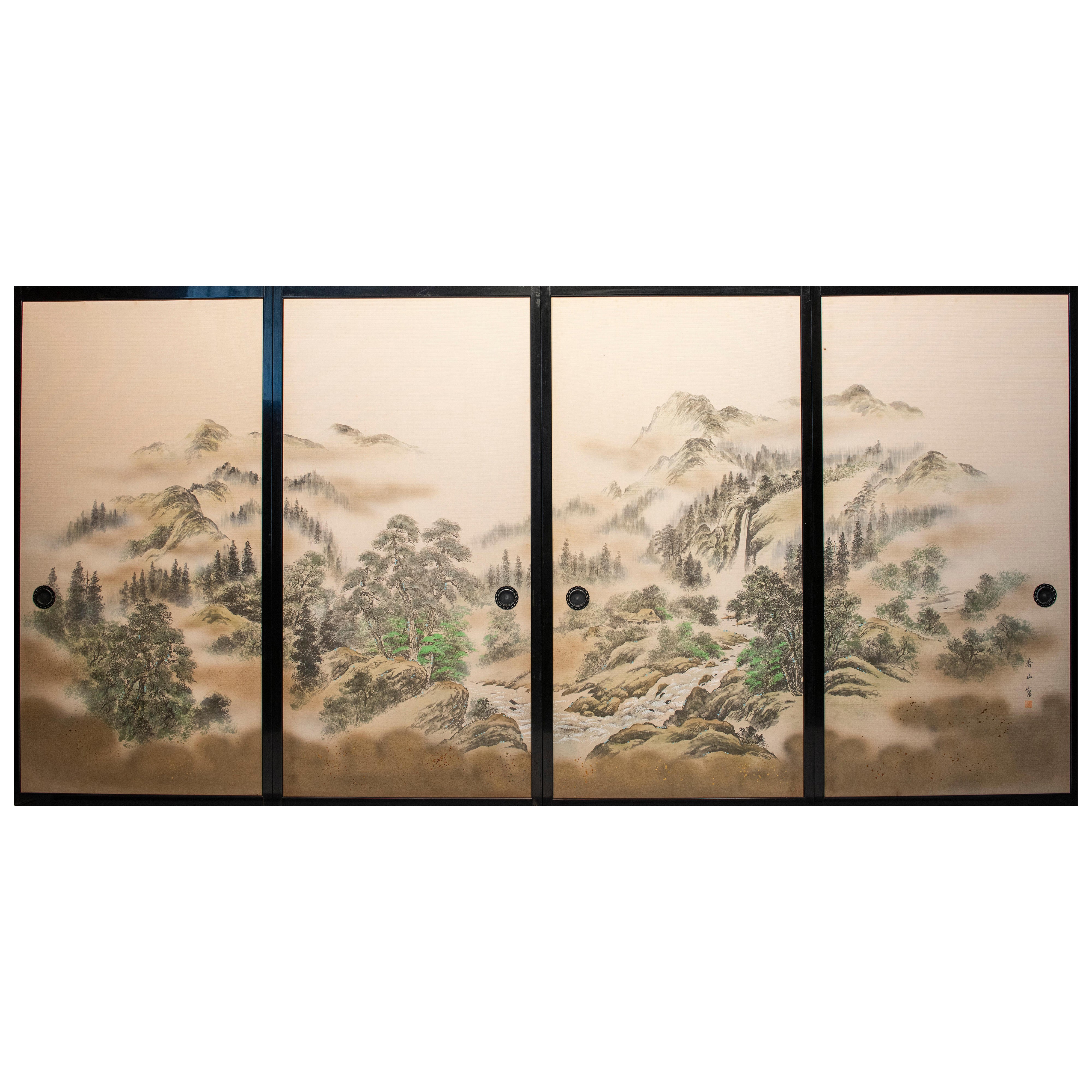 A set of four Japanese lacquered fusuma doors with a painted silk landscape in vendita