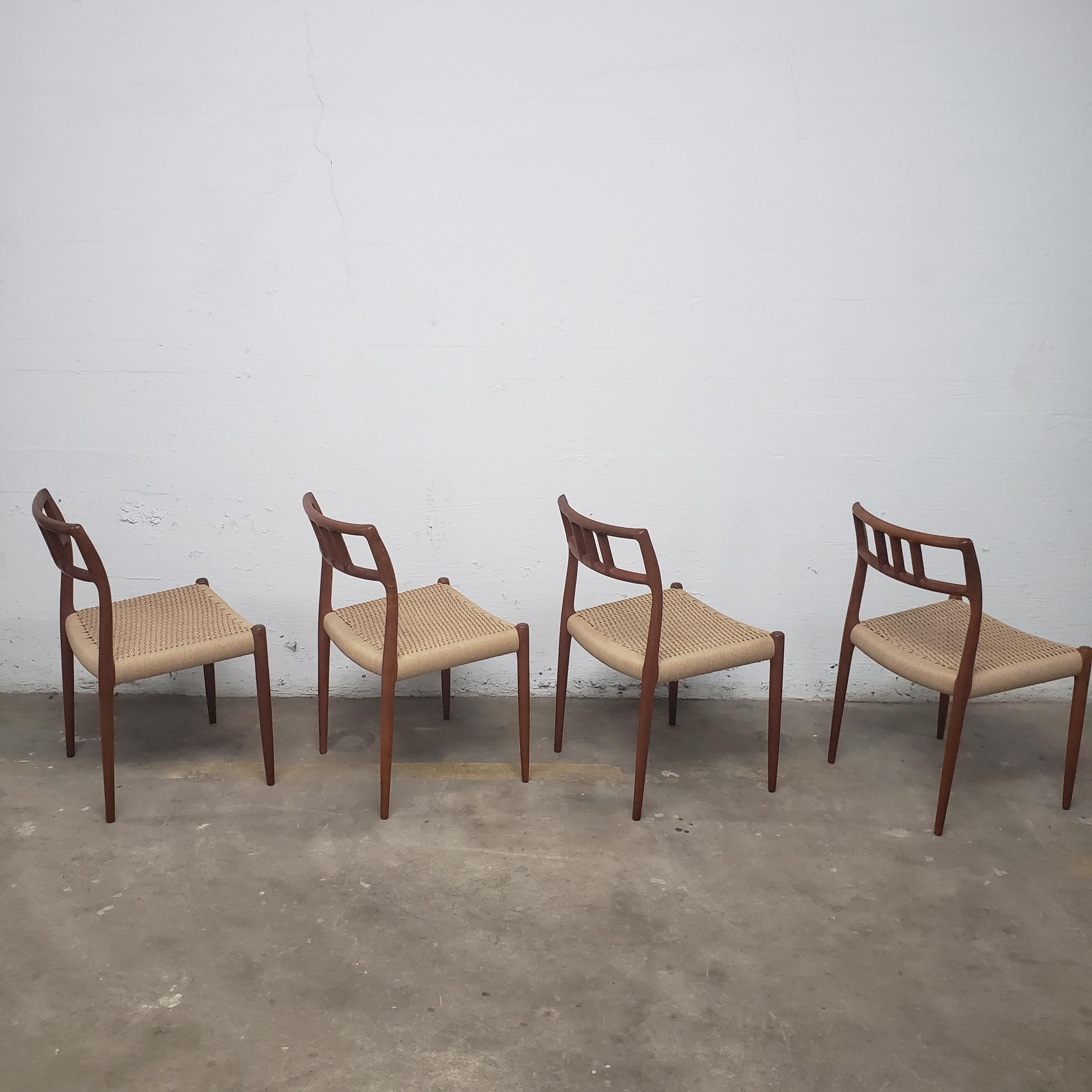 Teak JL Moller model #79 side chairs
Set of four Danish teak side chairs by Neils O. Møller for JL Moller Møbelfabrik. These chairs have new Danish cord seats.
 
