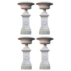 Set of Four Large Terracotta Garden Urns with Pedestals