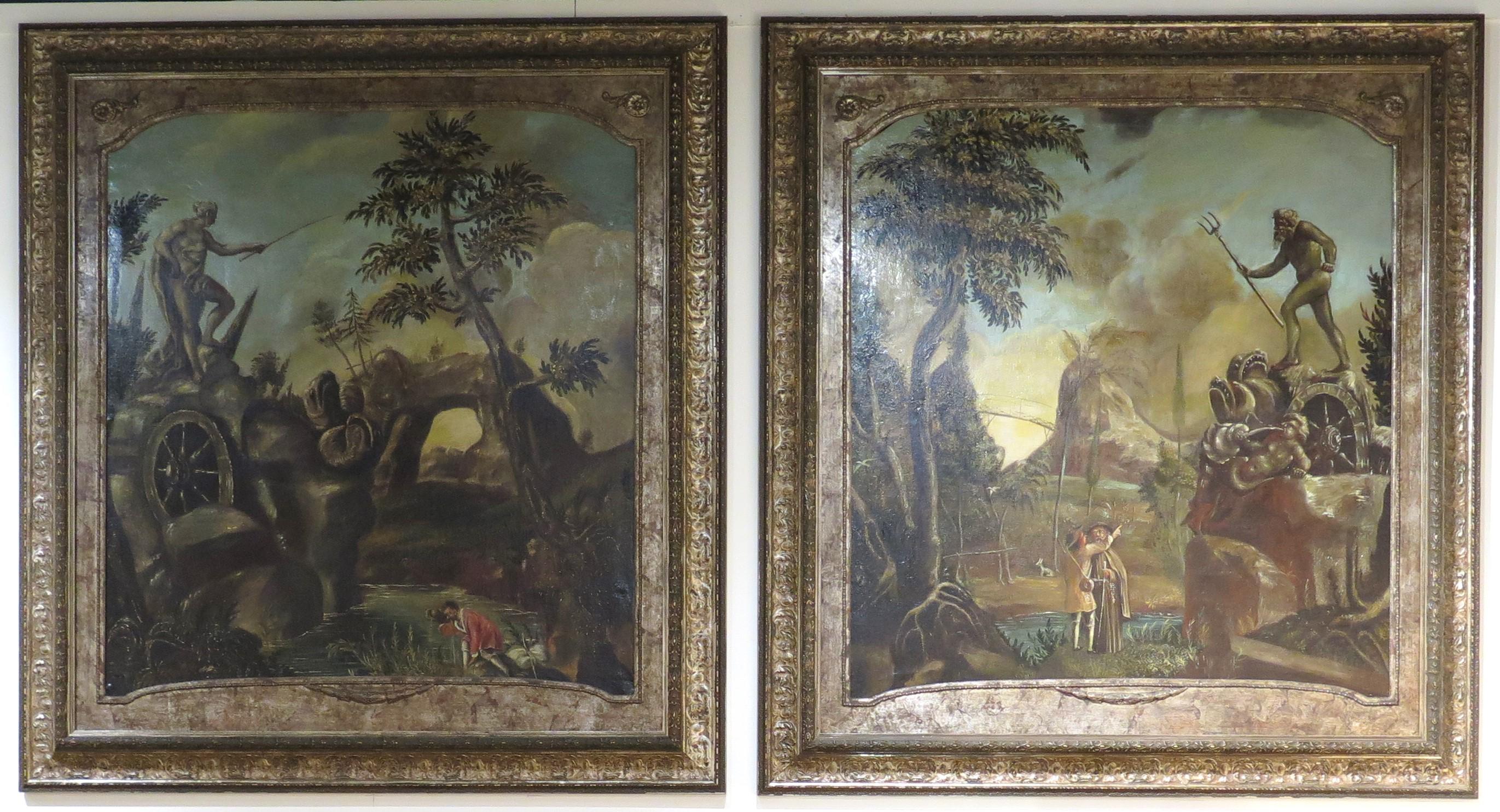 A set of four (4) Late 18th Century / Early 19th Century allegorical paintings amongst landscapes amongst classical ruins, relived frames contemporary pictures most likely. Italian.

MEASUREMENTS:

Frame 53