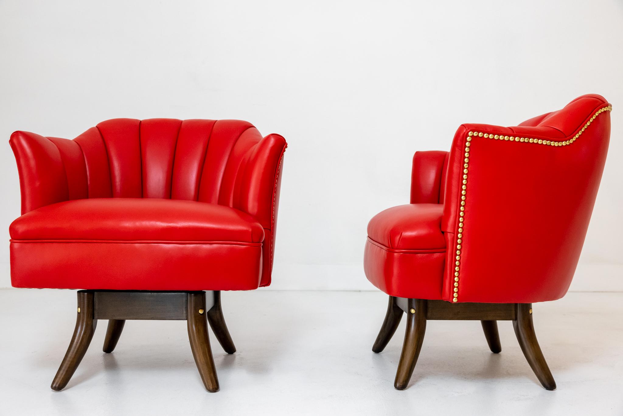 Great Mid-Century Modern swiveling tub chairs, restored with new finish and leather. These stylish chairs were purchased from the estate of Keith McCoy, a long standing fixture in the LA design scene. His showroom was legendary for representing the