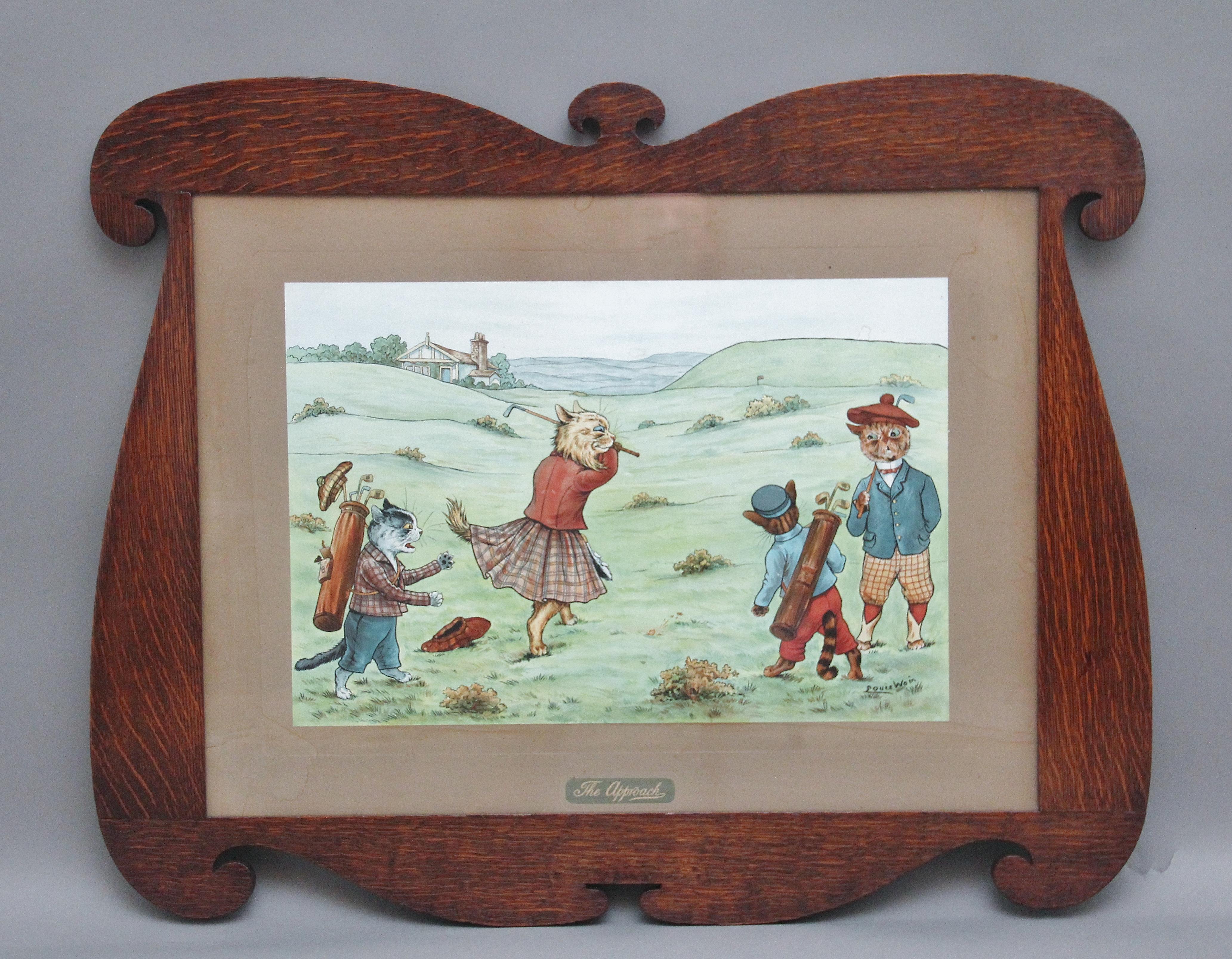 Un ensemble de quatre estampes encadrées de Louis Wain du début du 20e siècle représentant des chats comiques jouant au golf et placées dans leurs cadres en chêne d'origine, chaque estampe étant signée et titrée, les estampes représentent The Drive