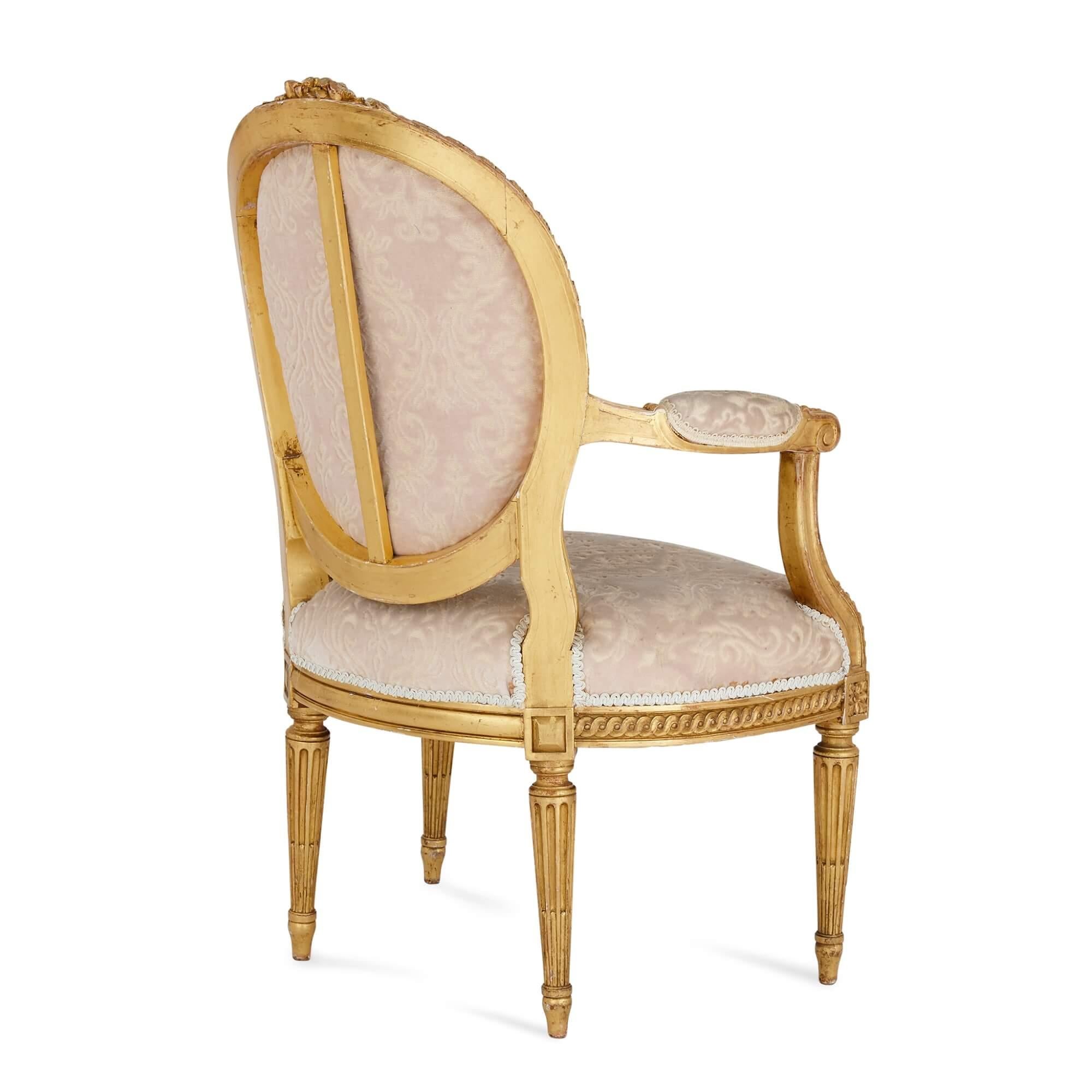 Upholstery Set of Four Louis XVI Style Giltwood Fauteuils For Sale