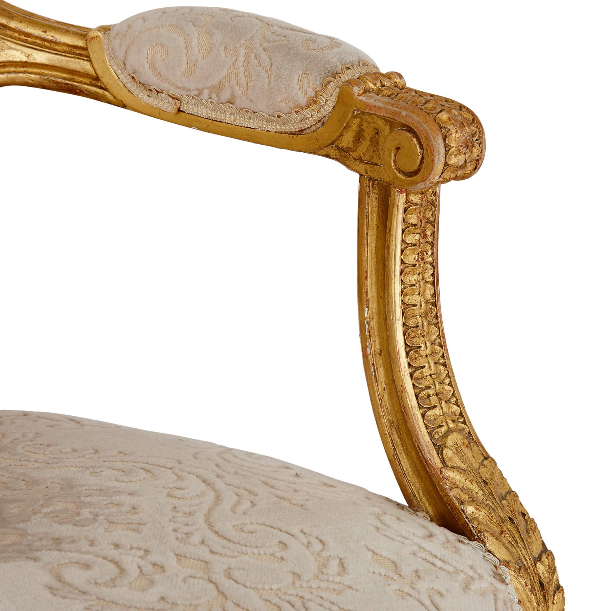 Set of Four Louis XVI Style Giltwood Fauteuils For Sale 2