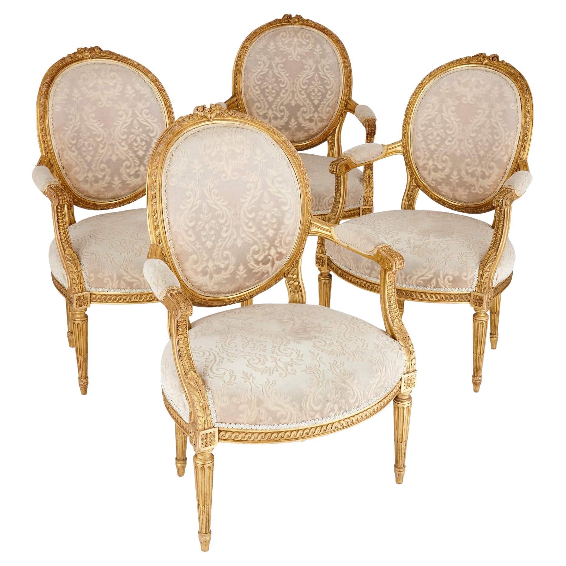 Set of Four Louis XVI Style Giltwood Fauteuils For Sale