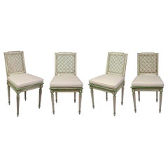 Set of Four Louis XVI White and Green Painted Side Chairs