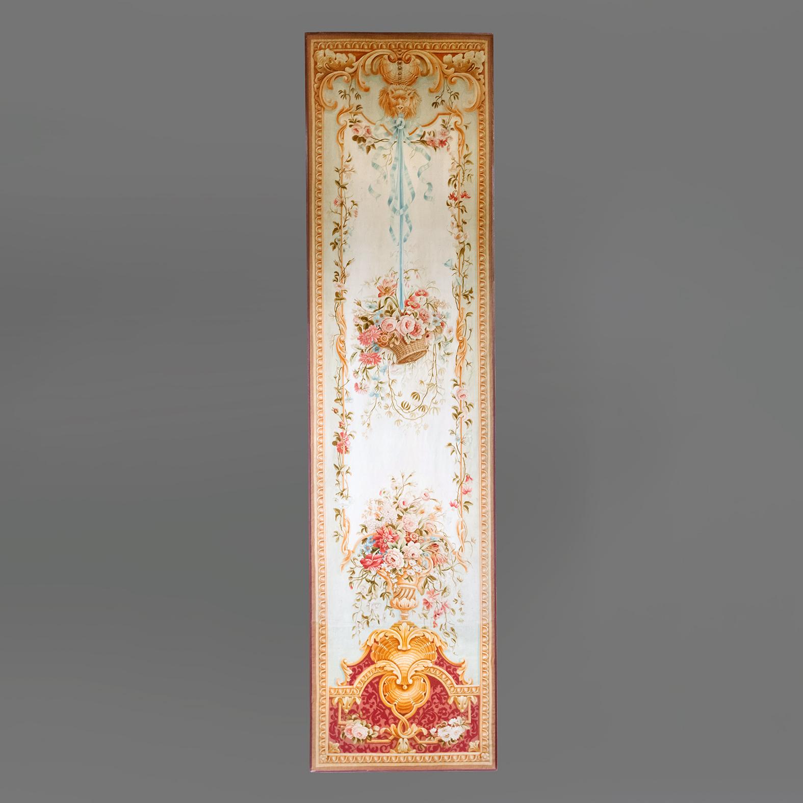 A Fine Set of Four Massive Aubusson Tapestry Entre-fenêtres.

Comprising a true pair and two further panels en suite. Each woven in wools. The design of each with top cartouche issuing foliate trails and centred by a lion's-mask holding blue ribbons