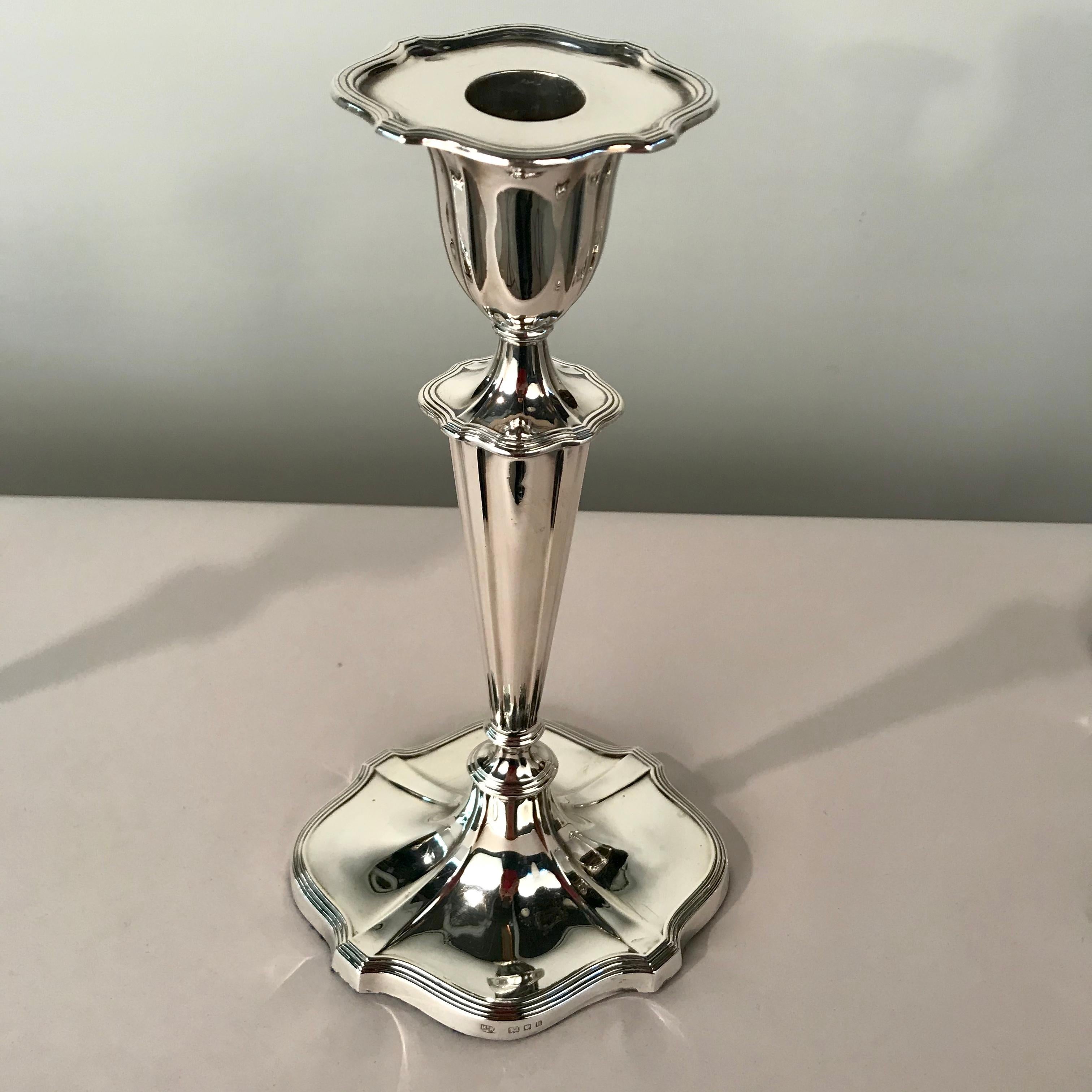 Hand-Crafted Set of Four Neoclassical Style Hall Marked Silver Candlesticks