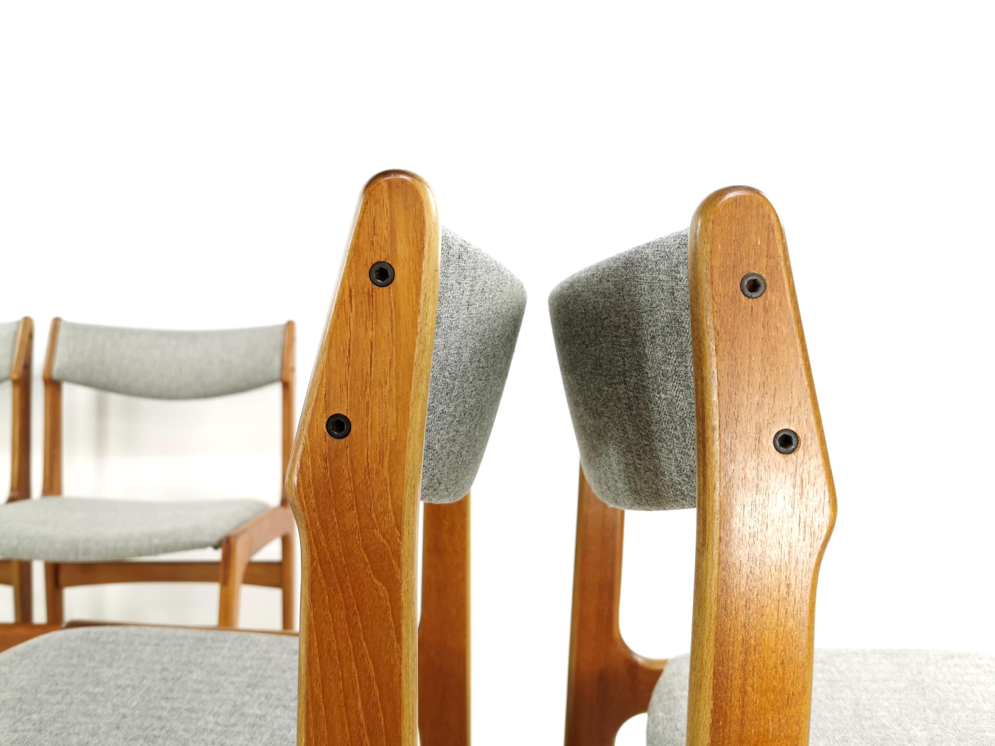 Danish Set of Four Newly Upholstered Erik Buch Grey Herringbone Teak Dining Chairs