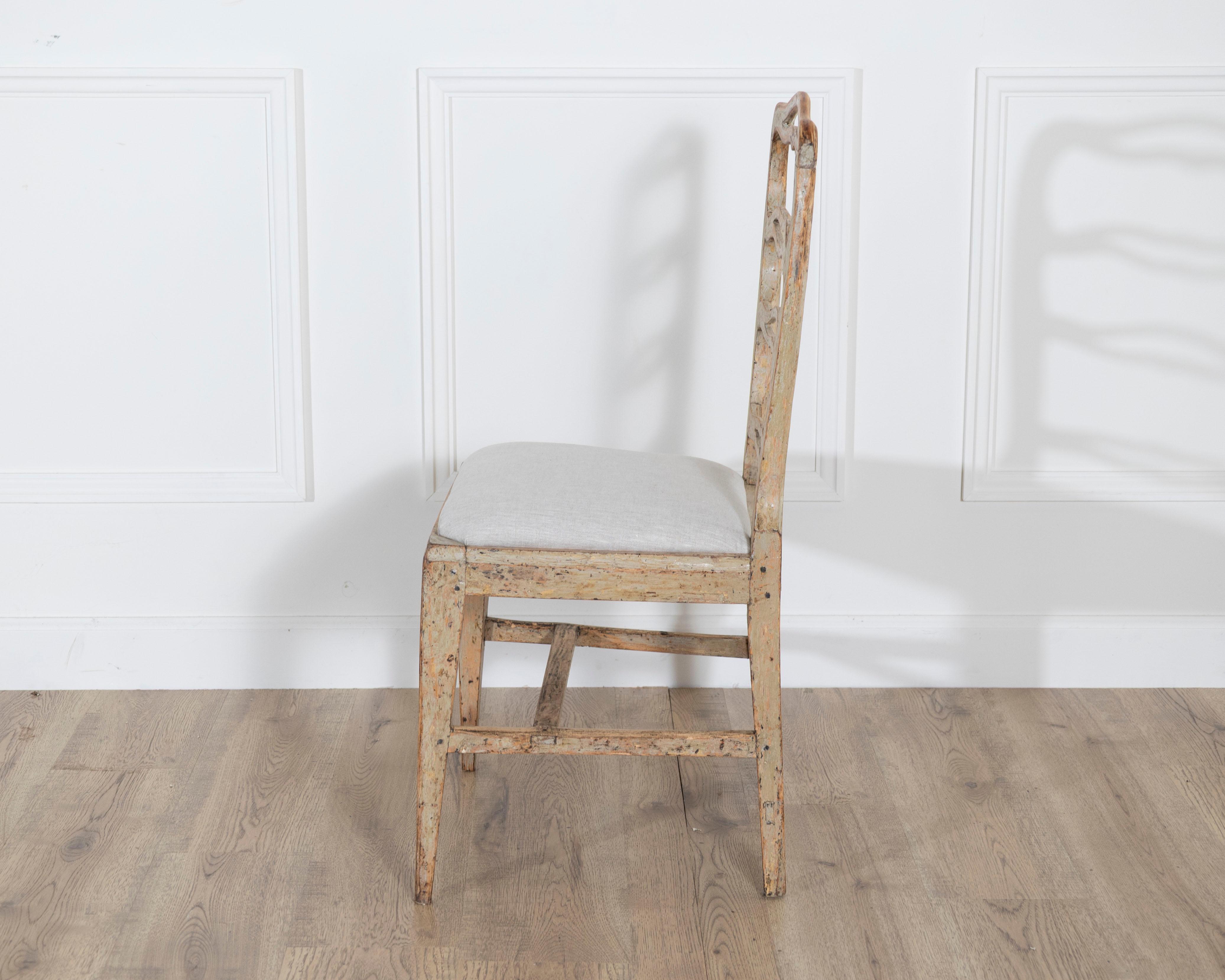 A set of four period Gustavian chairs scraped to original paint and newly covere For Sale 4
