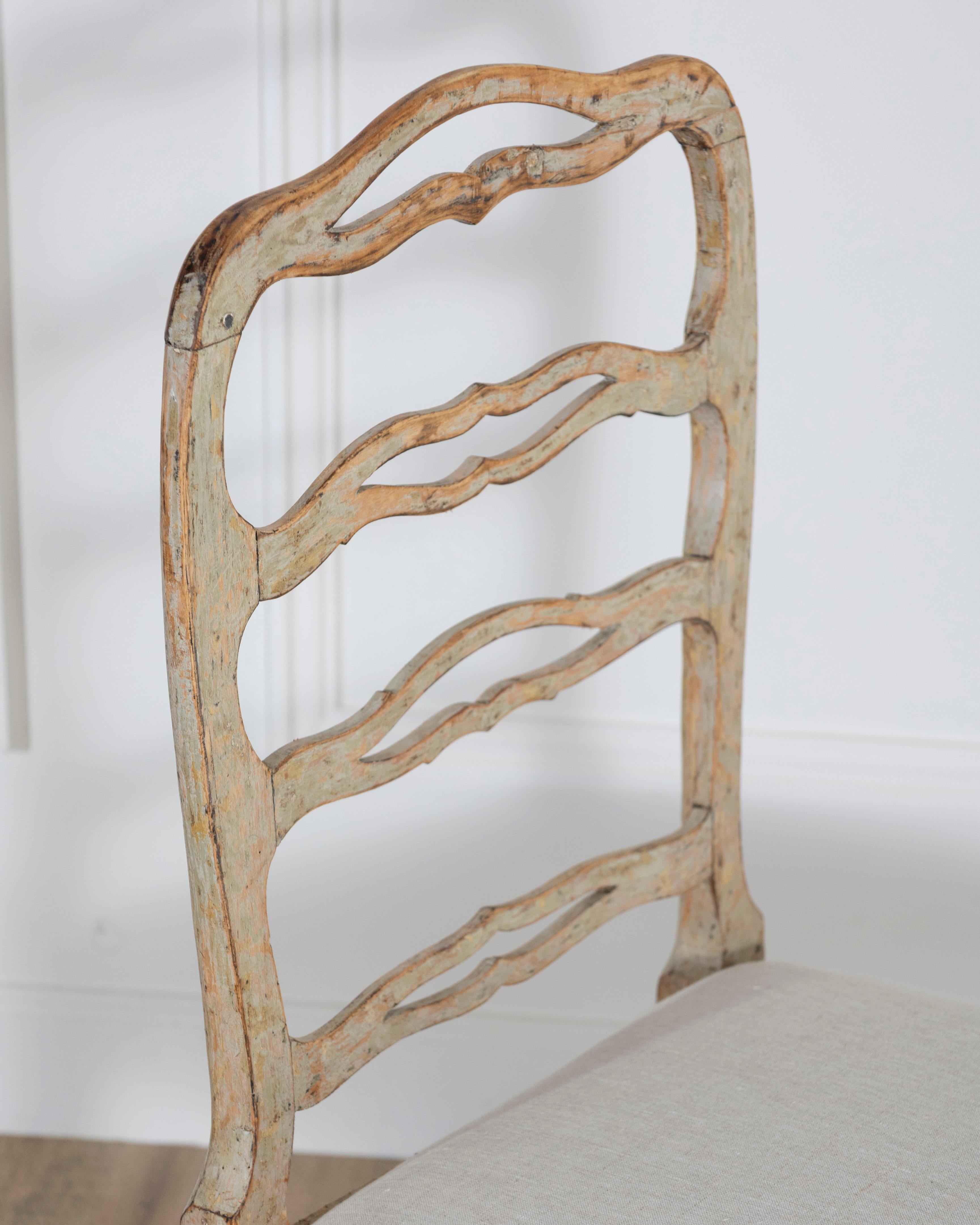 A set of four period Gustavian chairs scraped to original paint and newly covere For Sale 5