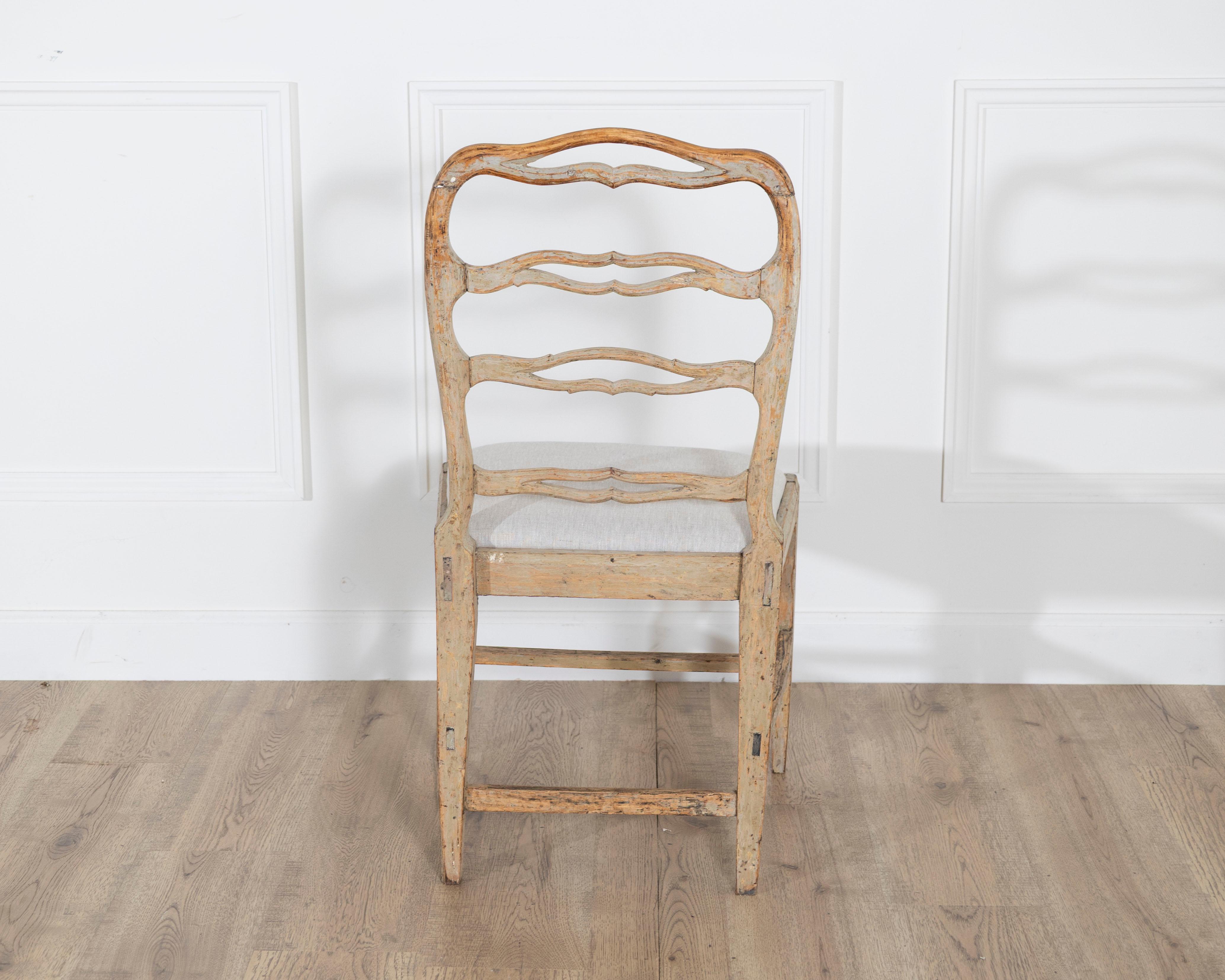 A set of four period Gustavian chairs scraped to original paint and newly covere For Sale 3