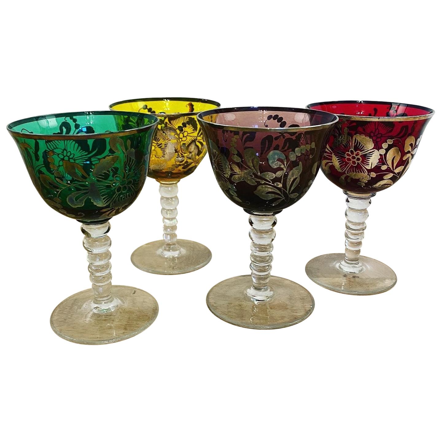 Set of Four Pretty Colored Bohemian Glasses
