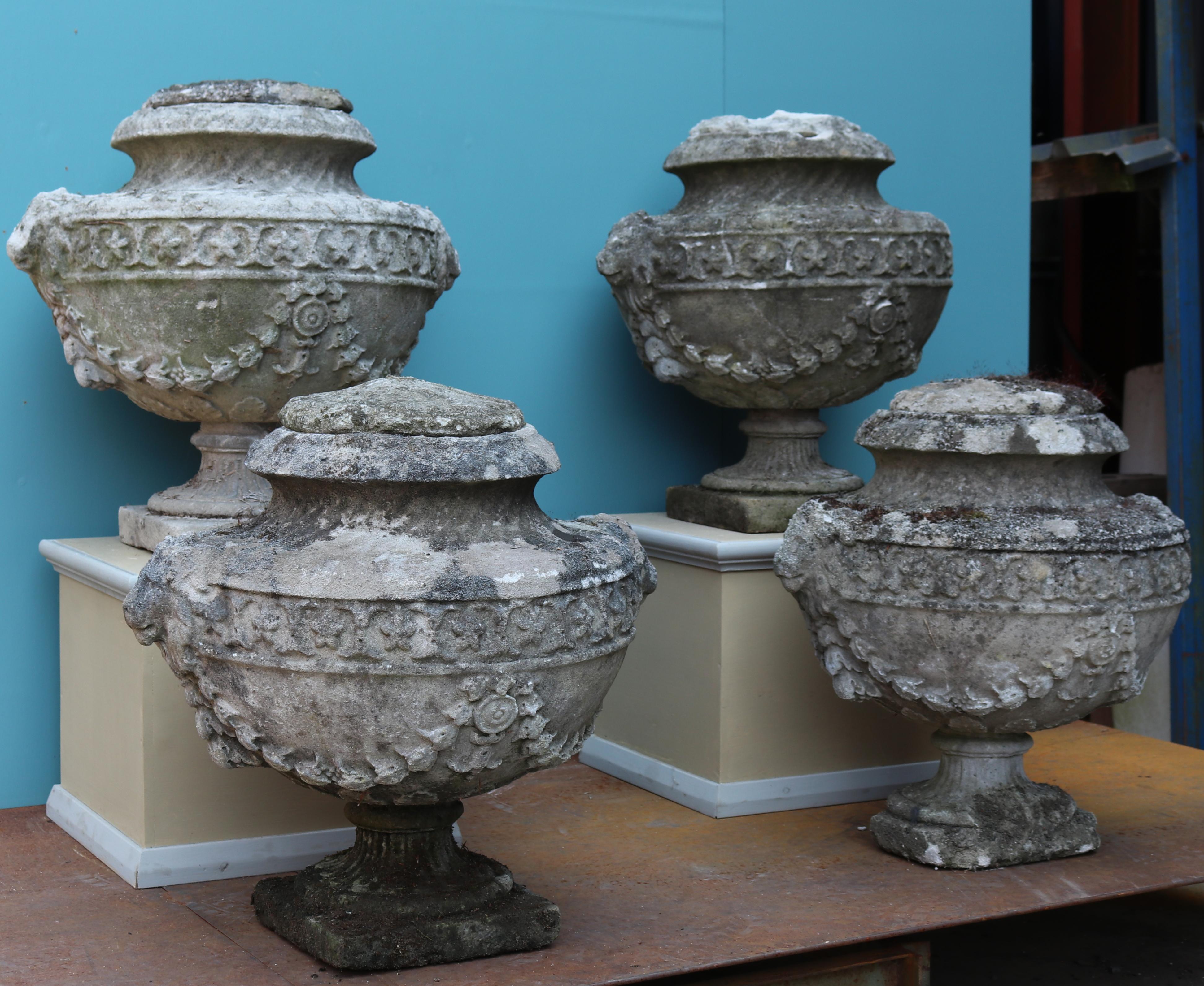 English Set of Four Reclaimed Georgian Style Lidded Stone Urn Finials