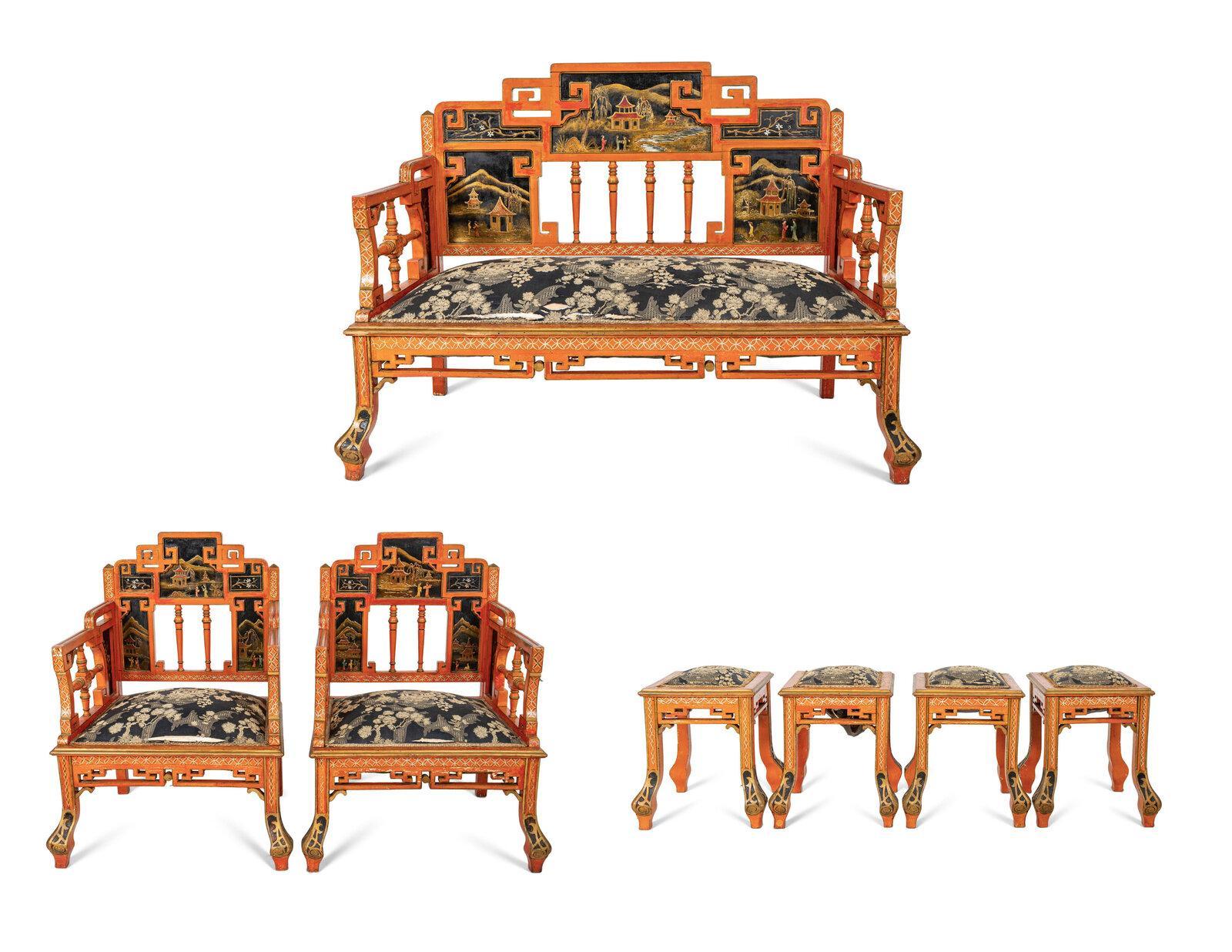 A Set of Four Red Painted Chinoiserie Stools For Sale 4