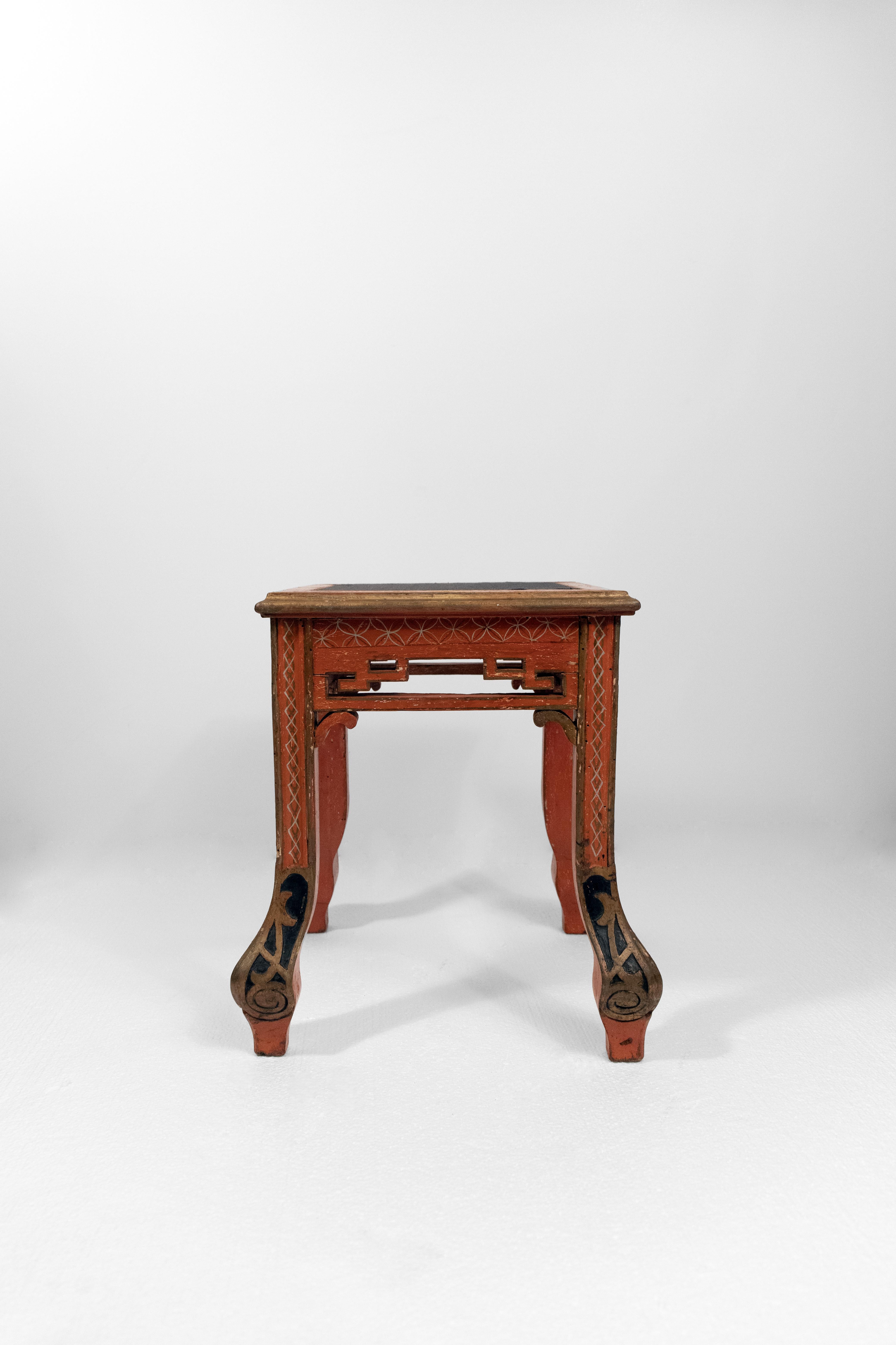 Embroidered A Set of Four Red Painted Chinoiserie Stools For Sale