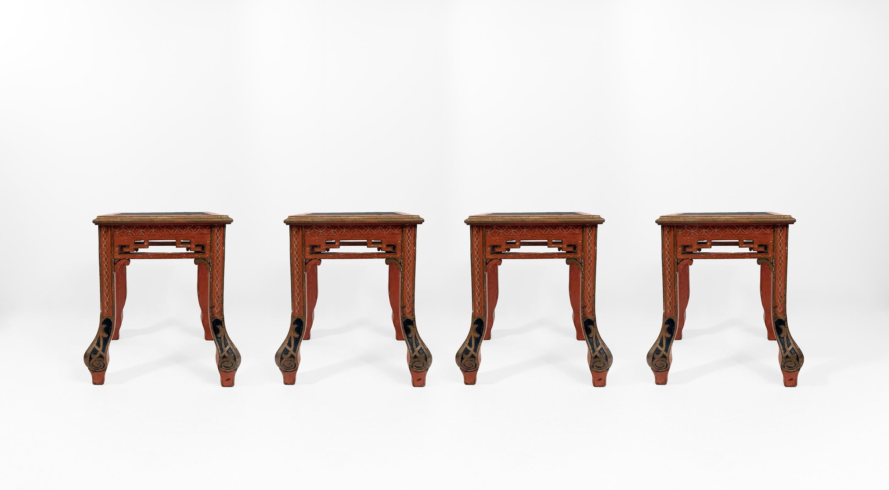 Early 20th Century A Set of Four Red Painted Chinoiserie Stools For Sale
