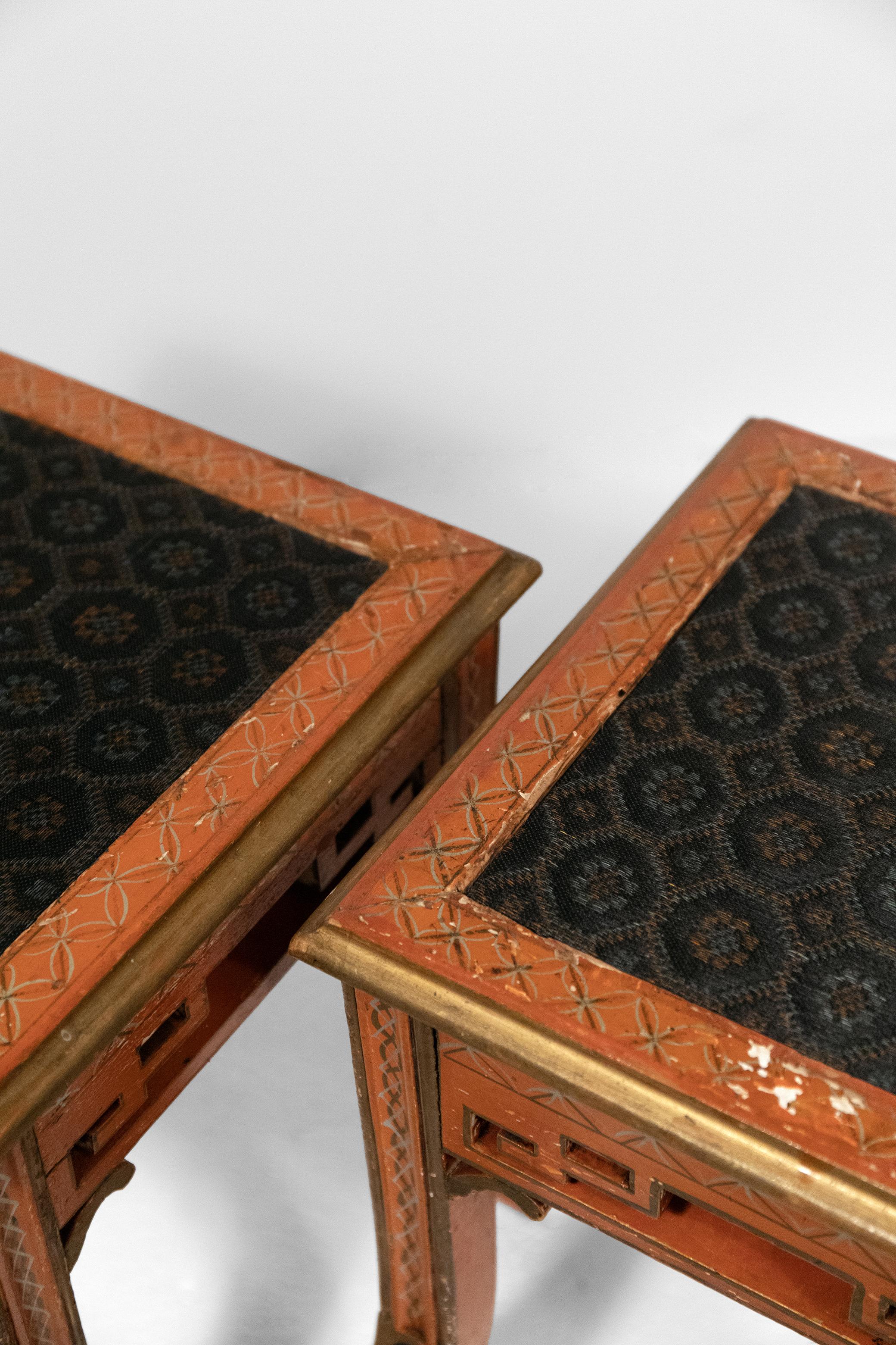 Fabric A Set of Four Red Painted Chinoiserie Stools For Sale