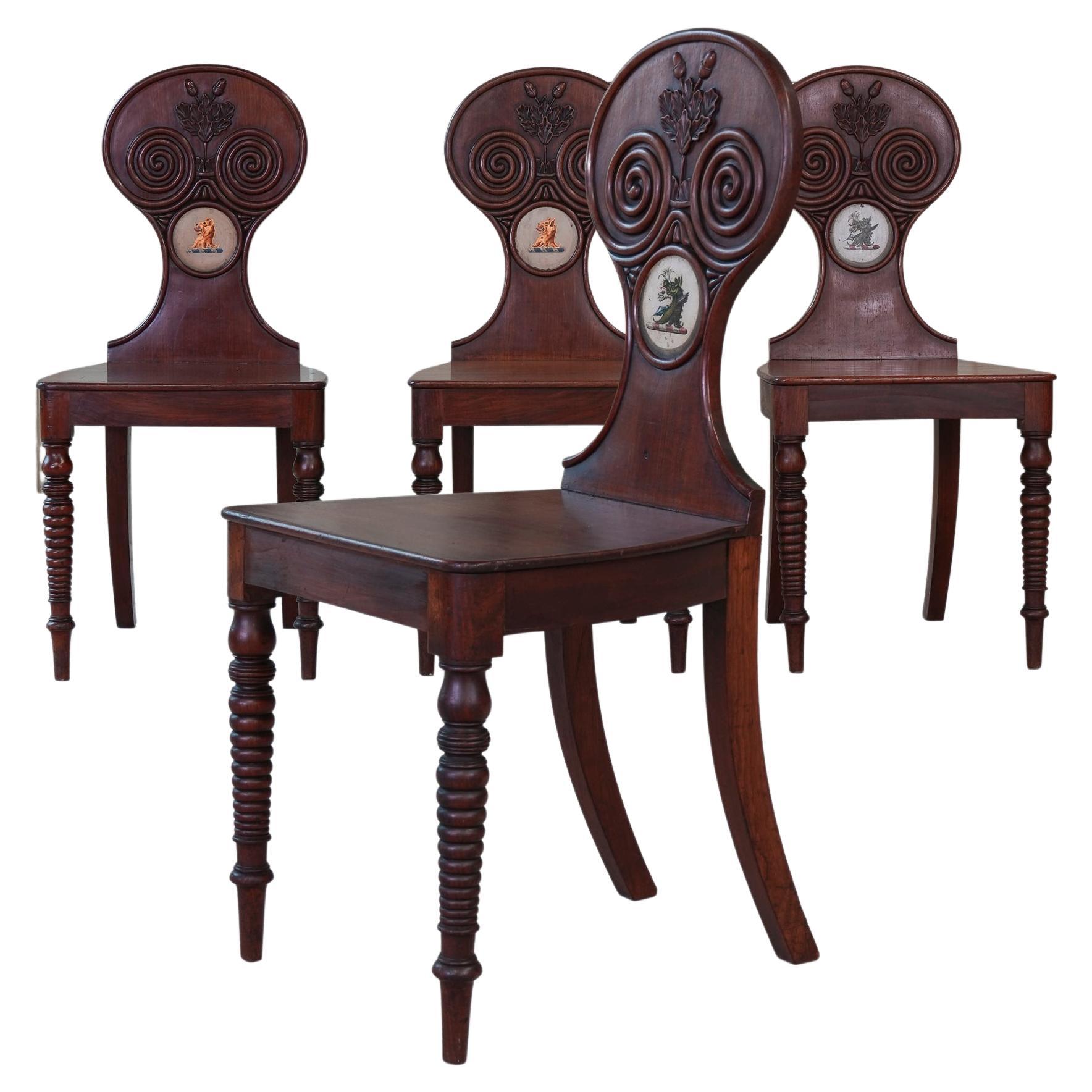 Fine Set of Four Regency Mahogany Armorial Hall Chairs For Sale at 1stDibs