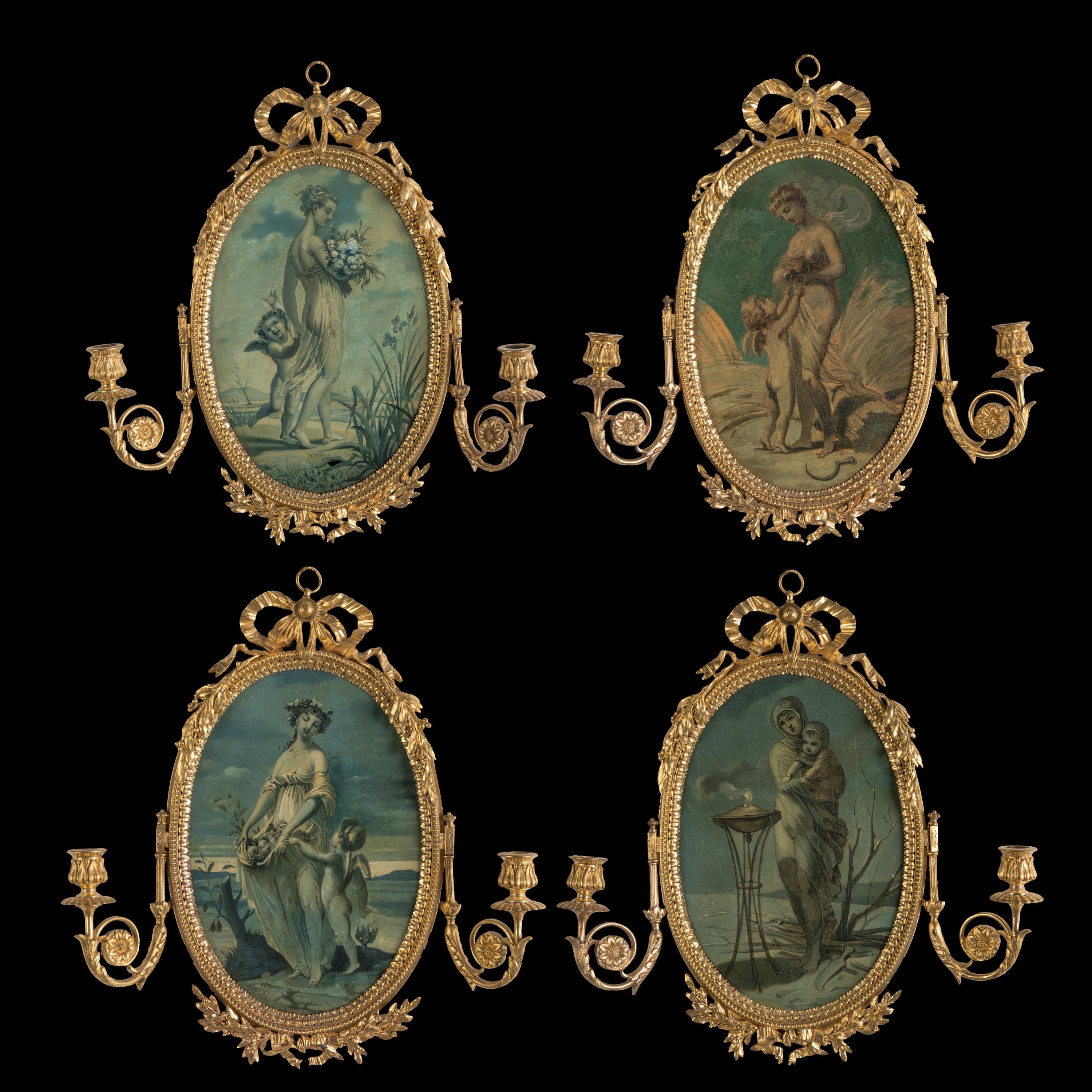 Fino juego de apliques pintados a mano y ormolu

Cada aplique está diseñado en torno a un panel central pintado a mano sobre tabla, representaciones emblemáticas de las Four Seasons, enmarcadas en bronce dorado con un lazo de enamorado en la parte