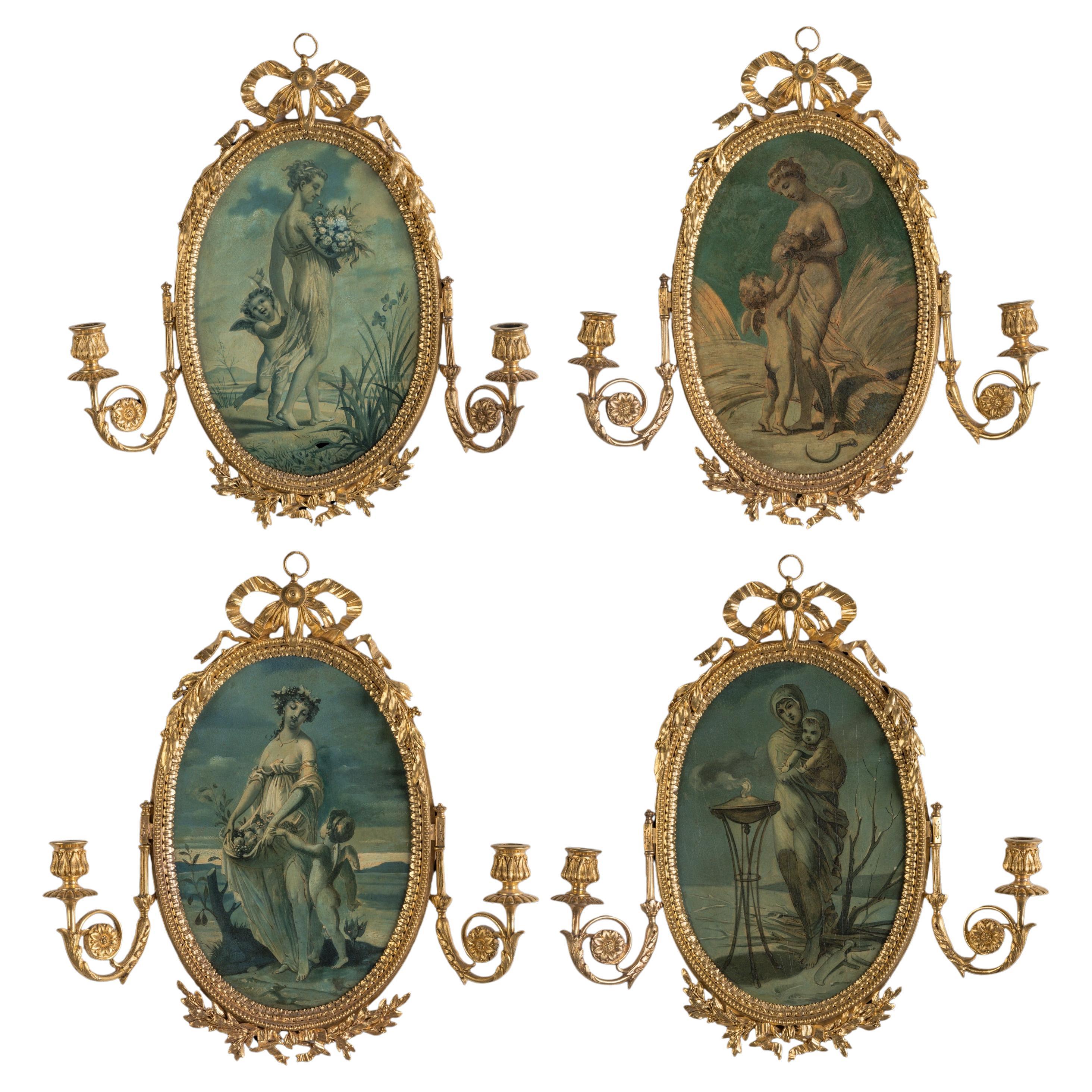 Conjunto de apliques ingleses "Four Seaons" del siglo XIX pintados a mano y ormolu en venta