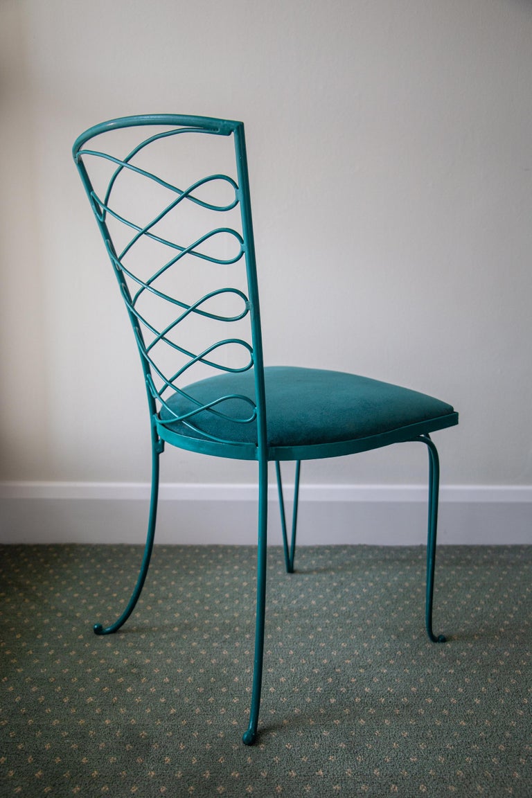Set of Four Teal Chaise De Jardin by René Prou 'Attributed', France