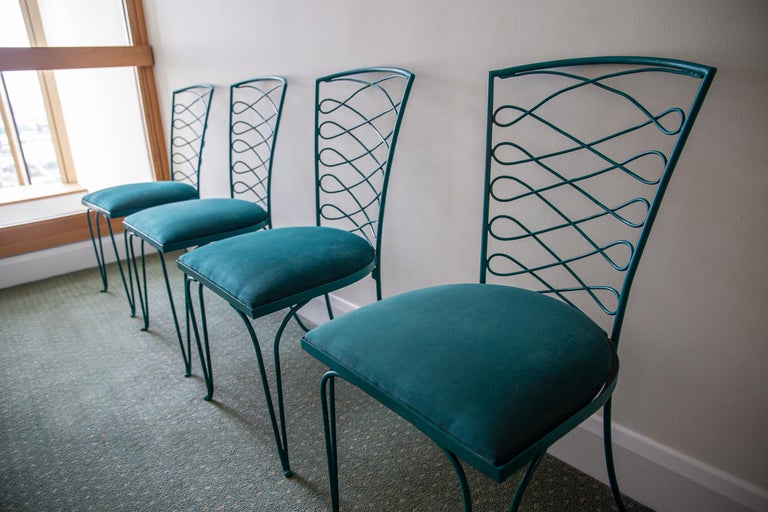 Set of Four Teal Chaise De Jardin by René Prou 'Attributed', France