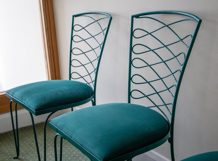Set of Four Teal Chaise De Jardin by René Prou 'Attributed', France