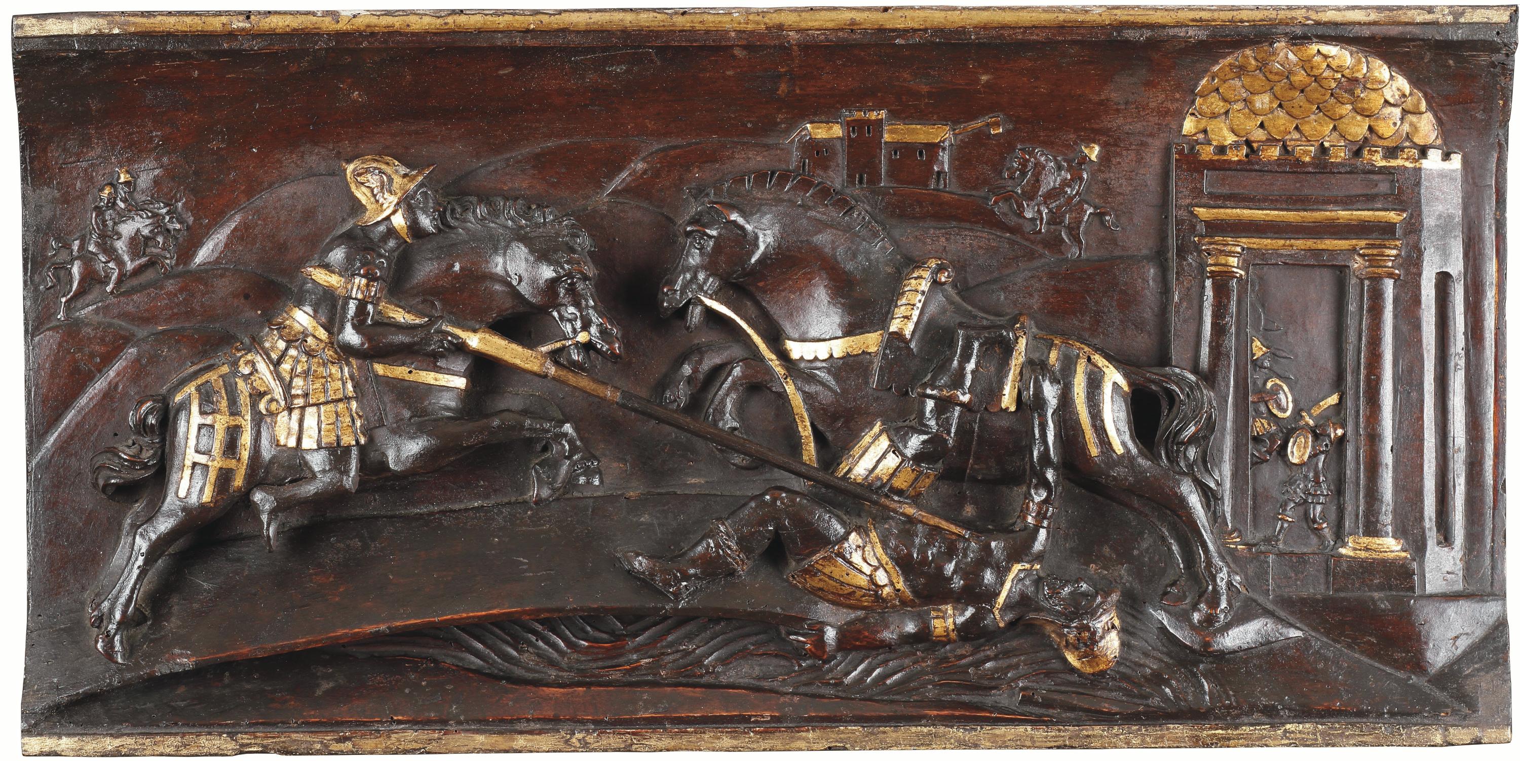 A Set of Four Tuscan Carved Wood and Parcel Gilt Equestrian Reliefs 
Walnut, gilt, velvet 
Italy 
Circa 1580 

SIZE: two reliefs: 25cm high, 48cm wide - 9¾ ins high, 19 ins wide 
two reliefs: 25cm high, 50.5cm wide - 9¾ ins high, 19¾ ins wide