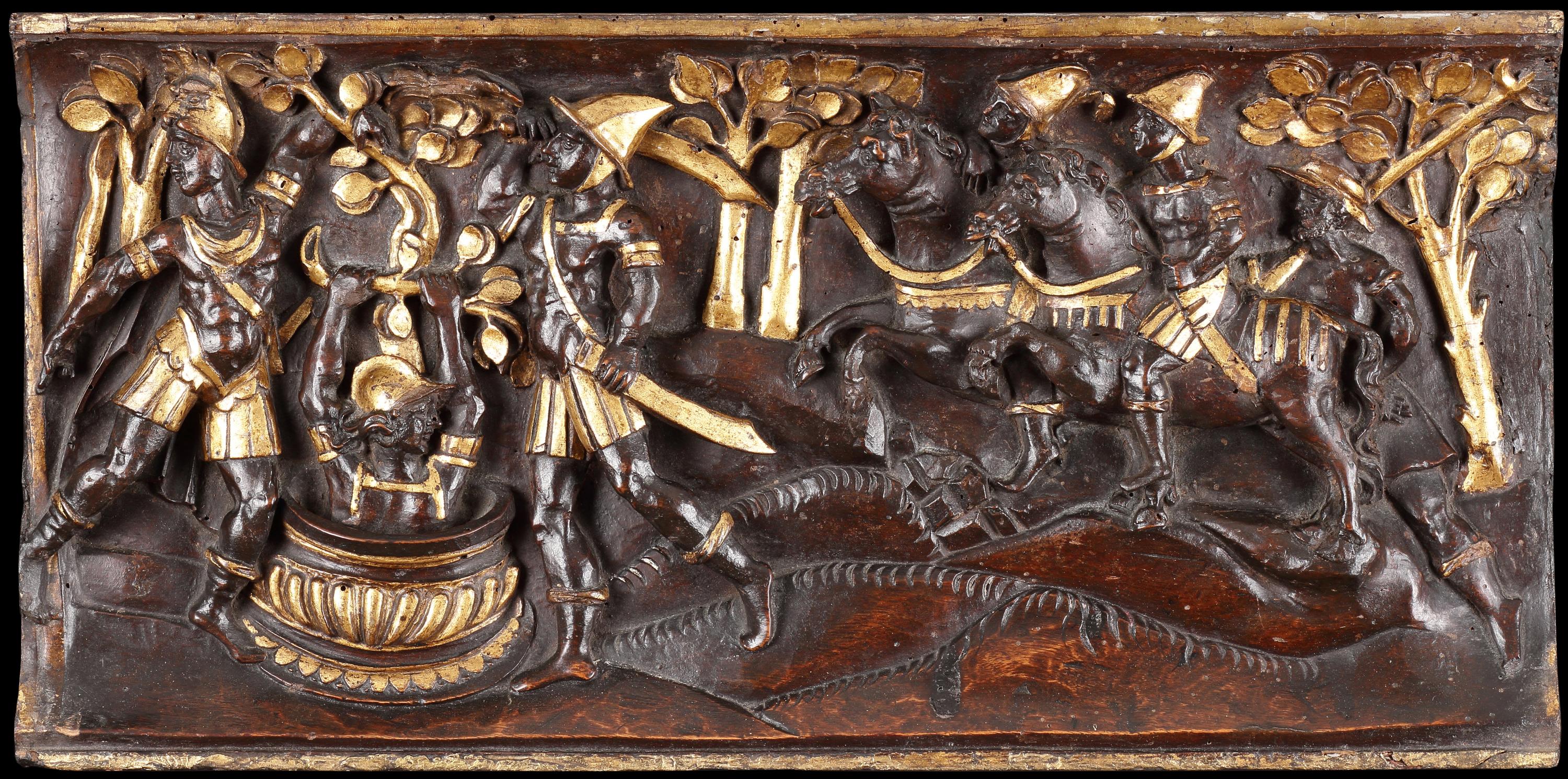 italien Ensemble de quatre reliefs équestres toscans en bois sculpté et parcellaire doré en vente
