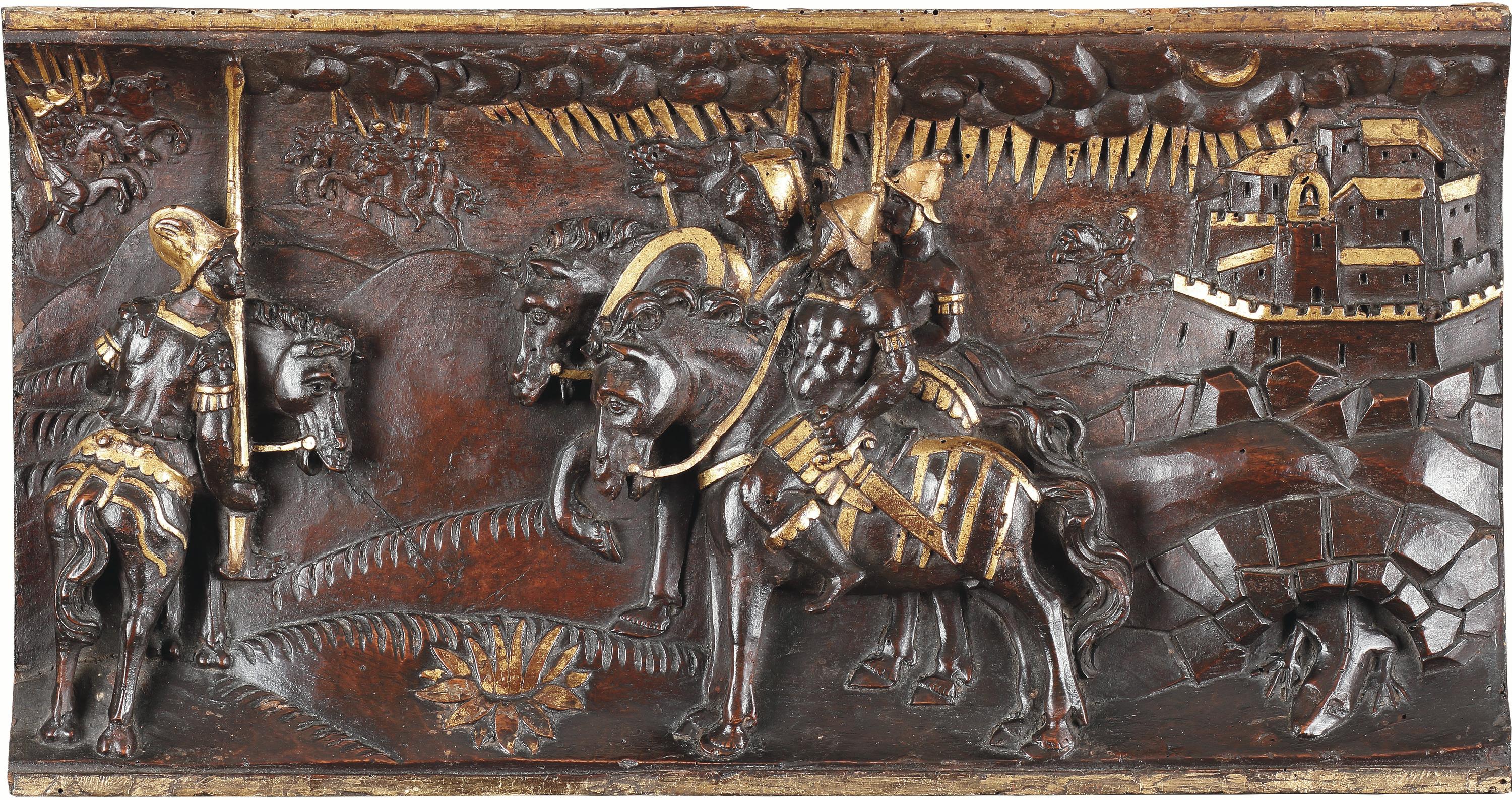 Hand-Carved A Set of Four Tuscan Carved Wood and Parcel Gilt Equestrian Reliefs For Sale