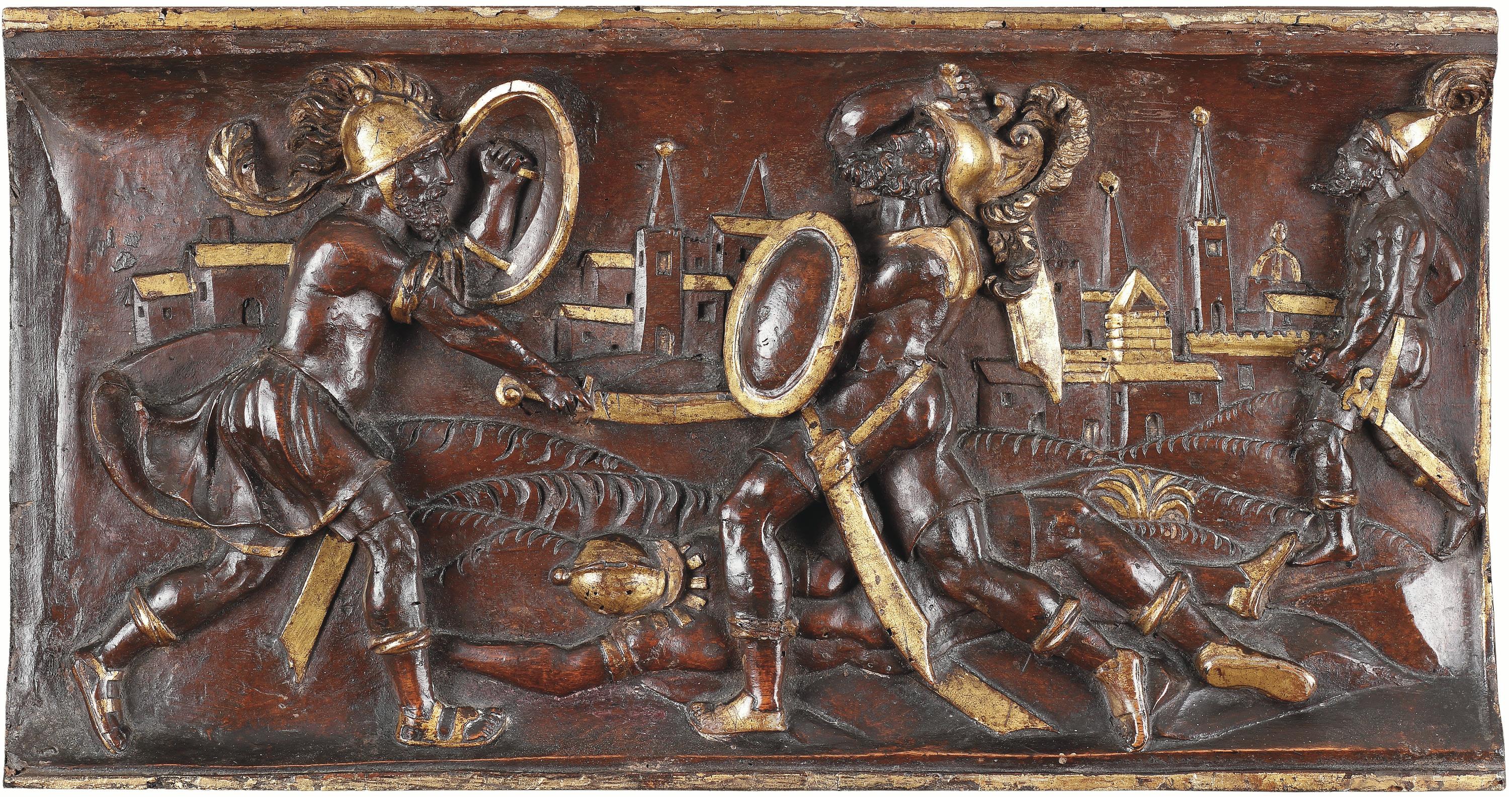 Ensemble de quatre reliefs équestres toscans en bois sculpté et parcellaire doré Bon état - En vente à London, GB