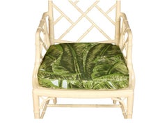 Set of Four White Vintage Bamboo Chairs with Meg Braff Fabric Cushion