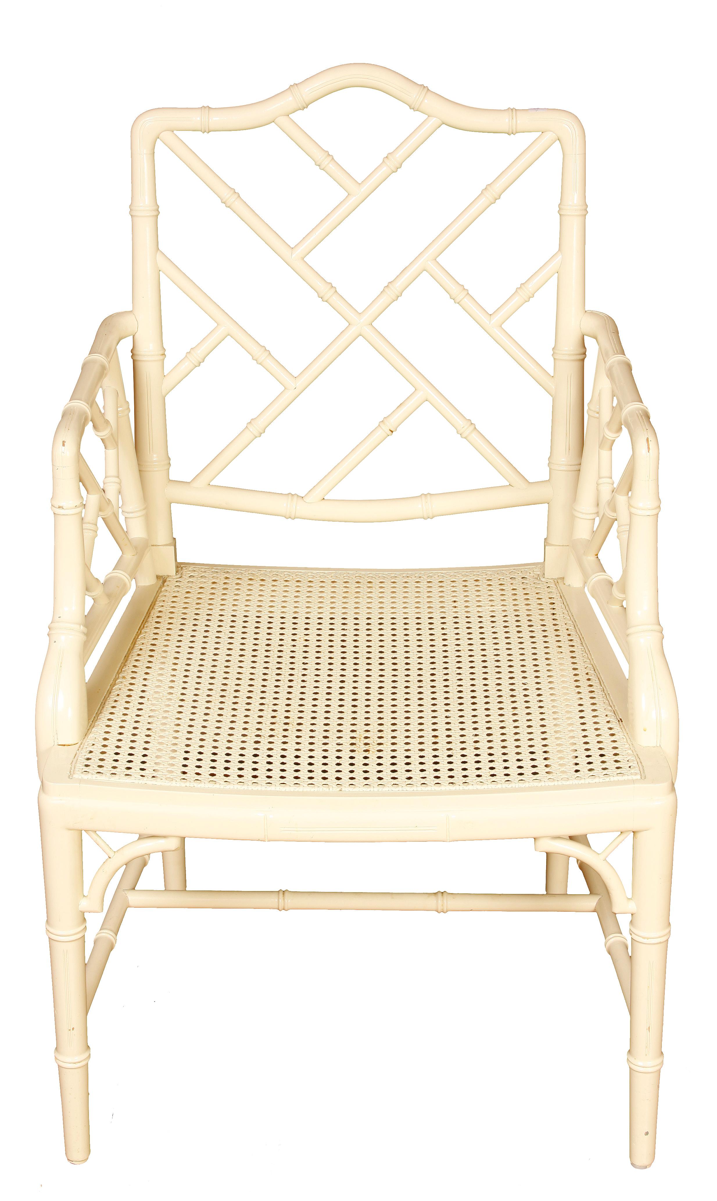 American Set of Four White Vintage Bamboo Chairs with Meg Braff Fabric Cushion For Sale